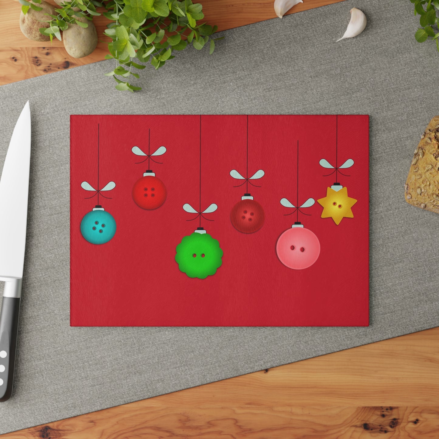 Festive Glass Cutting Board with Holiday Ornament Design, Kitchen Gift, Christmas Decor, Personalized Gift, Cooking Essentials