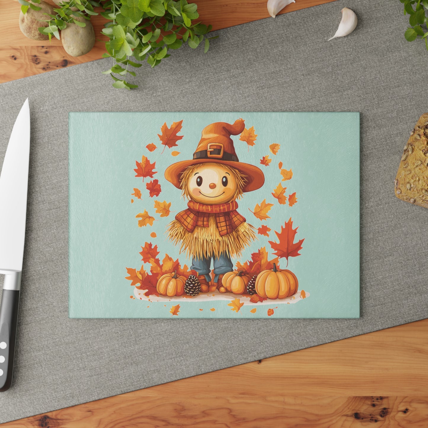 Autumn Scarecrow Glass Cutting Board, Fall Kitchen Decor, Thanksgiving Gift, Food Prep Surface, Harvest Homeware, Seasonal Cooking Tool