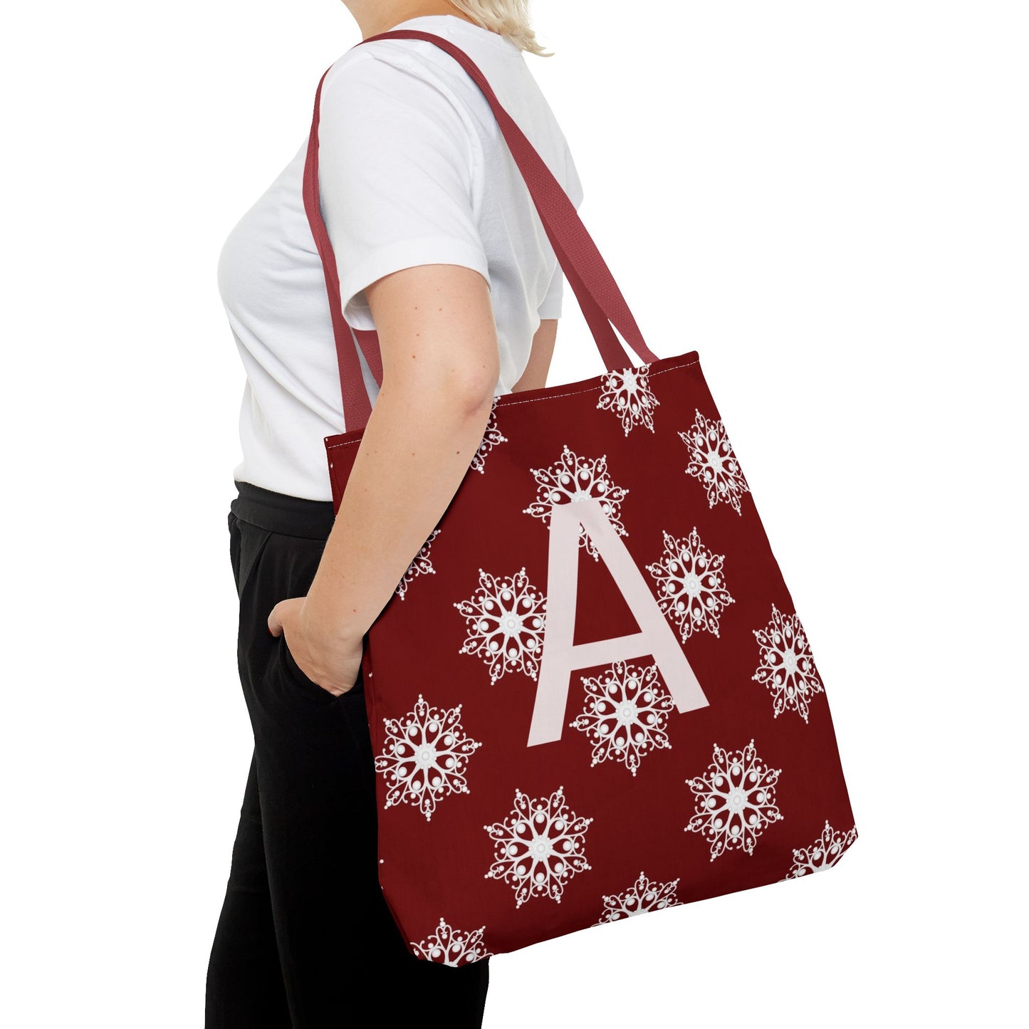 Monogram A Snowflake Tote Bag — Personalized Holiday AOP Tote
