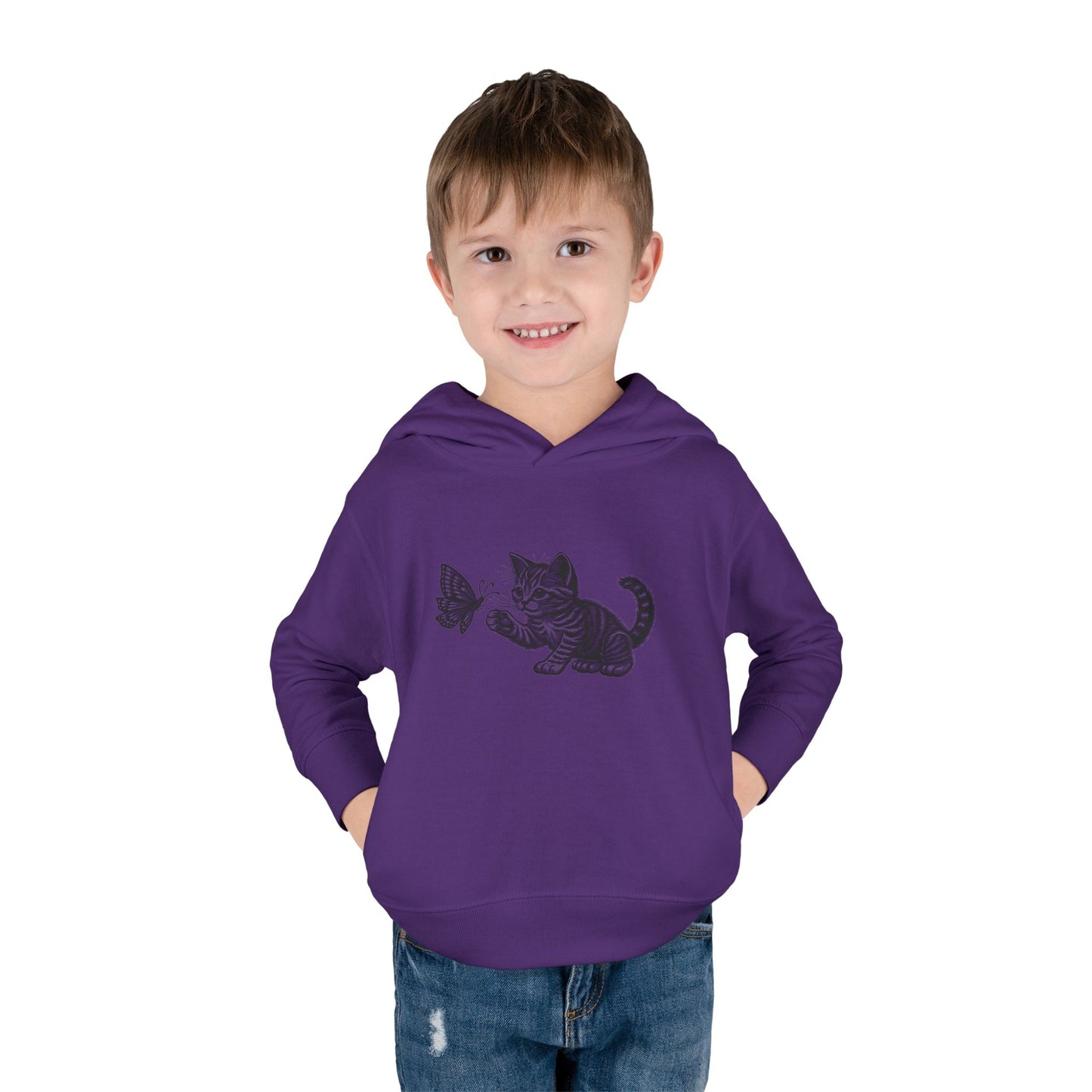 Cute Cat and Butterfly Toddler Hoodie, Toddler Pullover, Kids Fleece Hoodie, Animal Lover Gift, Playtime Pullover