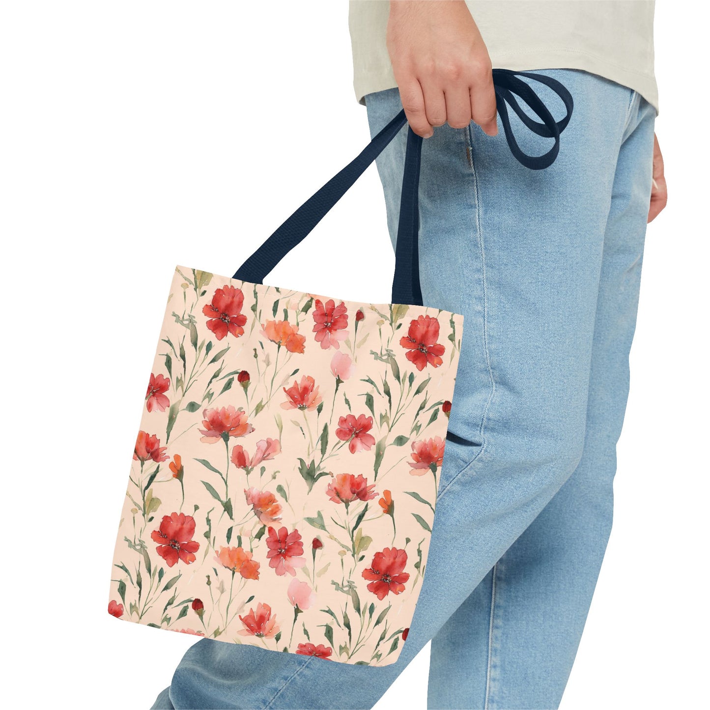 Floral Watercolor Tote Bag — Pink Red Poppy Pattern All-Over Print