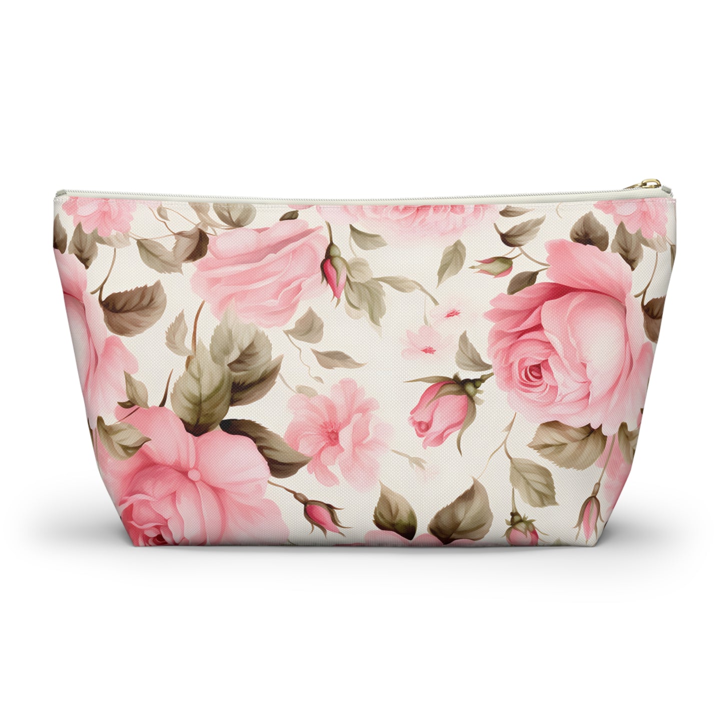 Floral Rose Accessory Pouch - Pink Vintage Cosmetic Bag with T-Bottom