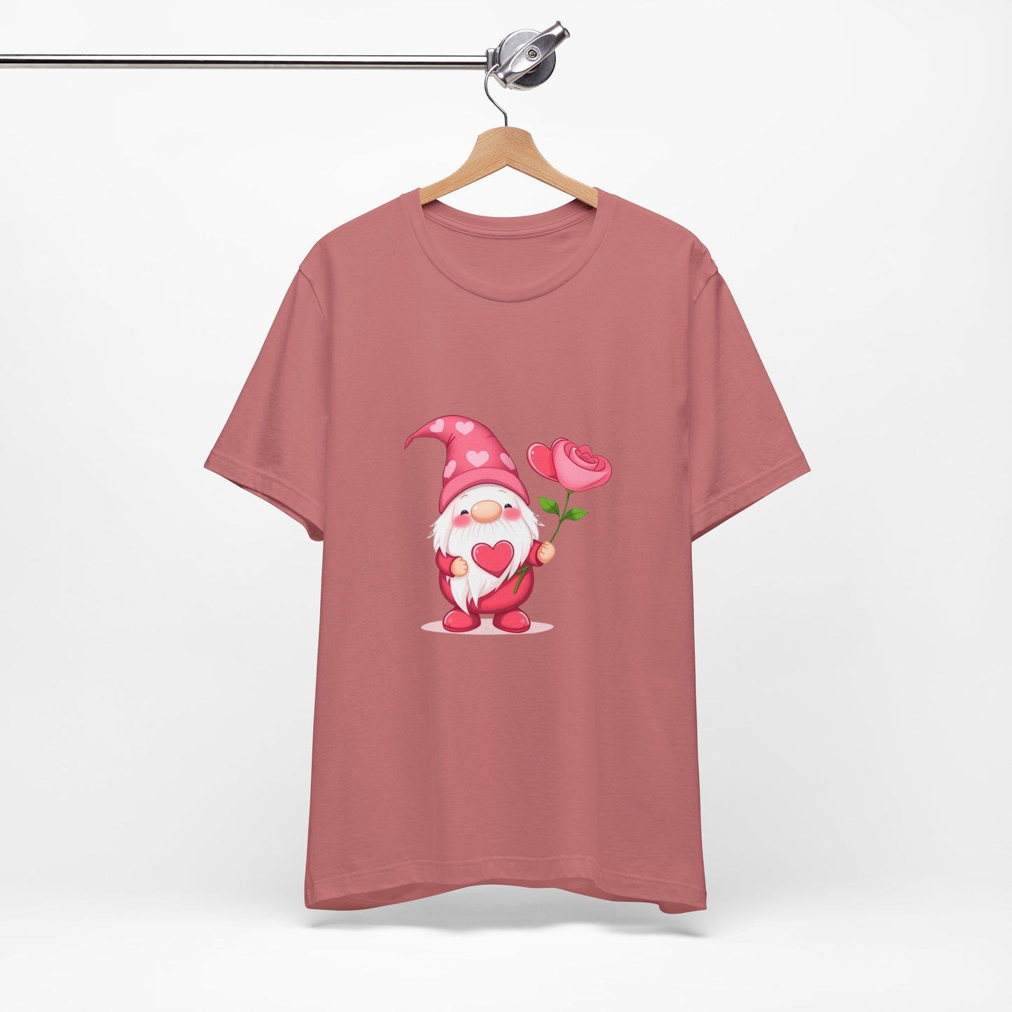 Valentine Gnome T‑Shirt — Cute Pink Gnome Holding Rose Tee