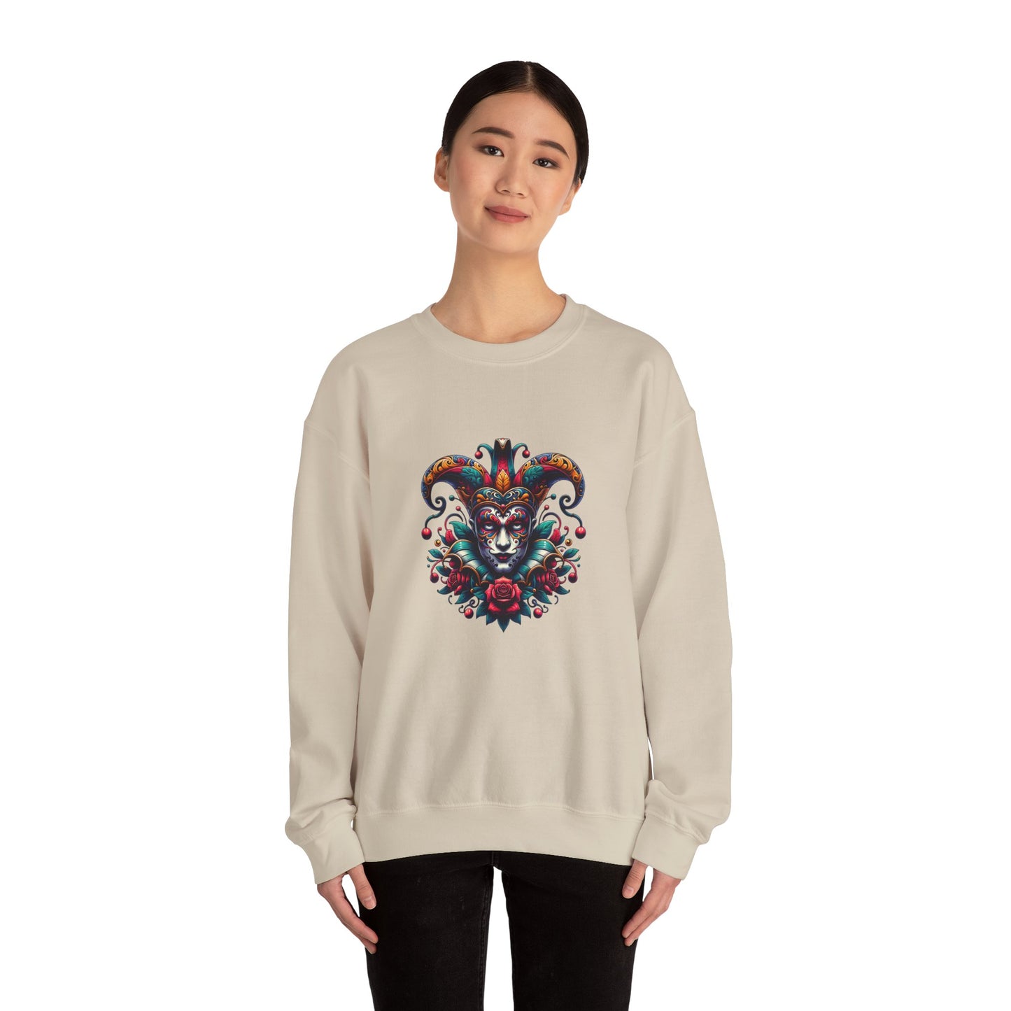 Colorful Jester Sweatshirt, Unisex Heavy Blend Crewneck, Unique Art Apparel, Trendy Fashion, Cozy Gift for Adults
