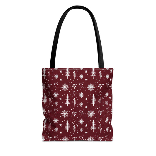 Christmas Snowflake Tote Bag – Burgundy Holiday Patterned Carryall