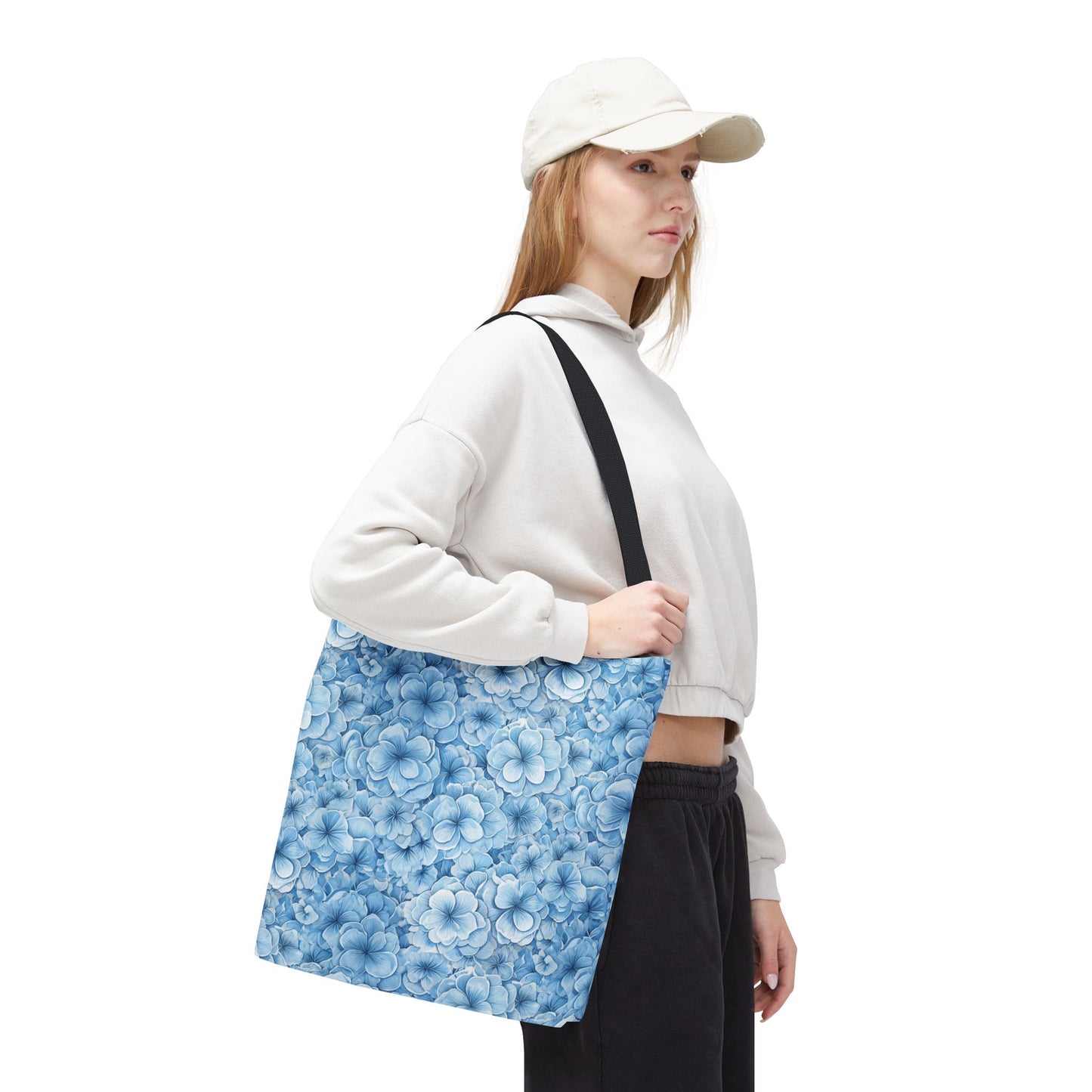 Blue Watercolor Floral Tote Bag — Reusable Flower Pattern Shopper