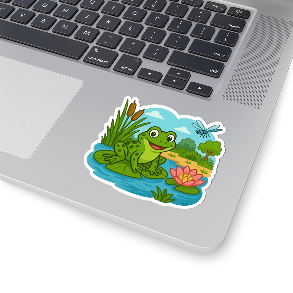 Frog Pond Kiss-Cut Sticker — Cute Lily Pad Frog & Dragonfly Decal