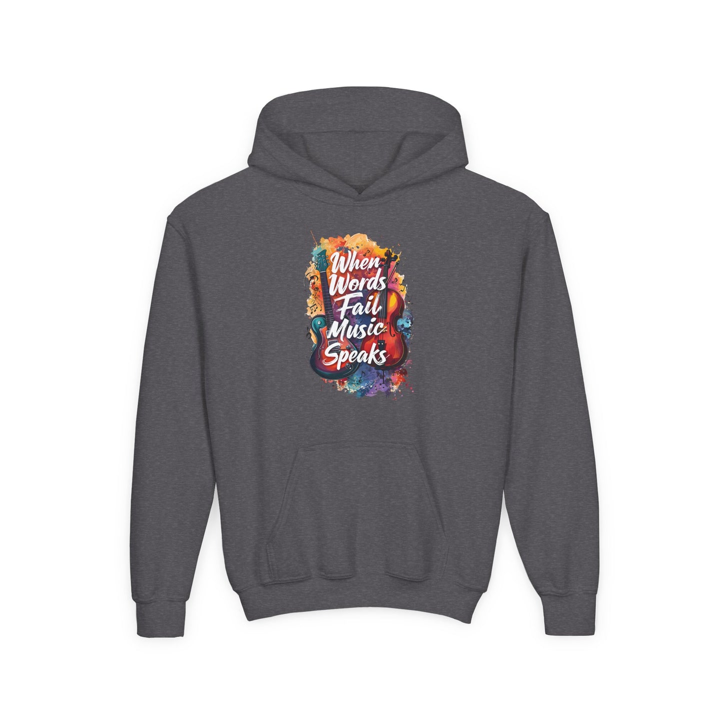 Youth Hoodie — "When Words Fail Music Speaks" Colorful Watercolor Design