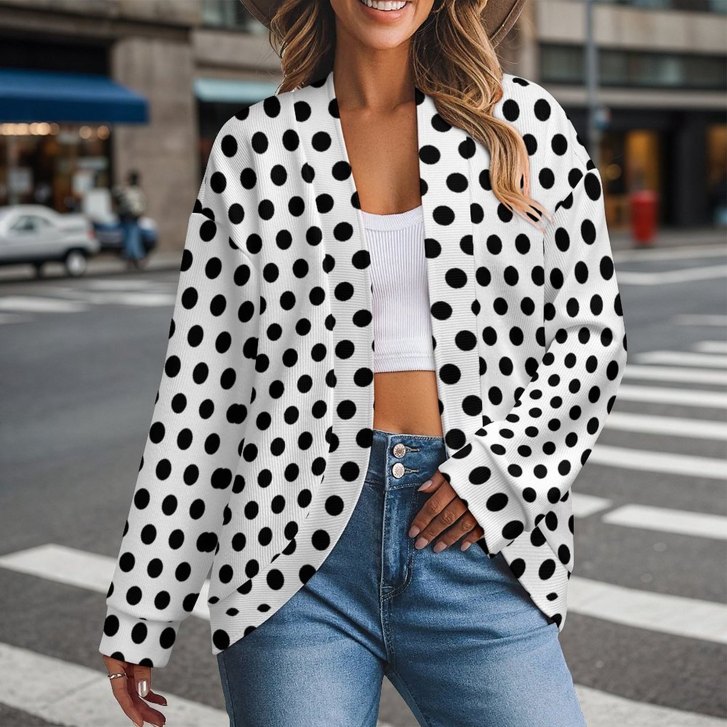Women's Drop Shoulder Cardigan Black Polka Dots