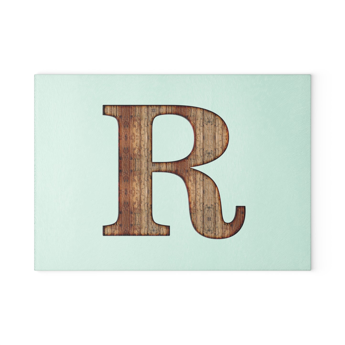 Monogram Glass Cutting Board – Rustic Wood Letter R on Mint
