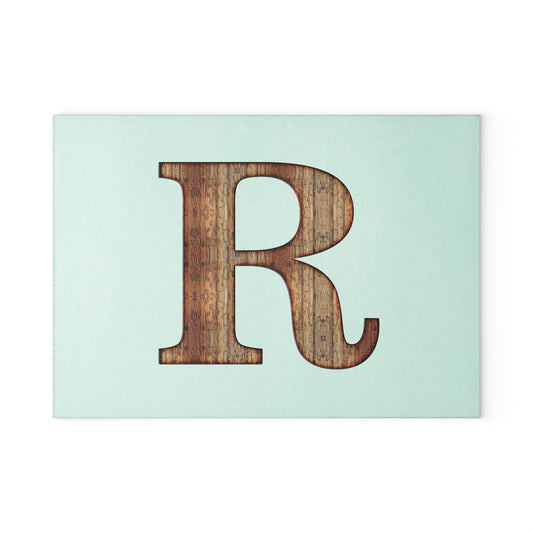 Monogram Glass Cutting Board – Rustic Wood Letter R on Mint