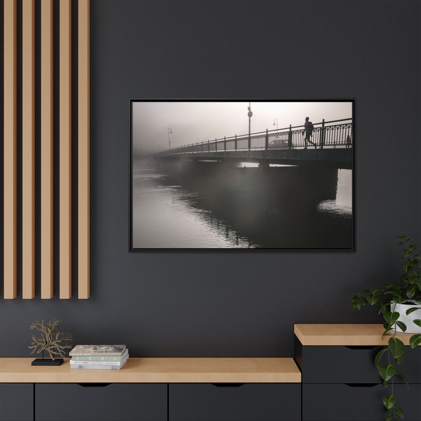 Framed Matte Canvas - Foggy Bridge Black & White Photography