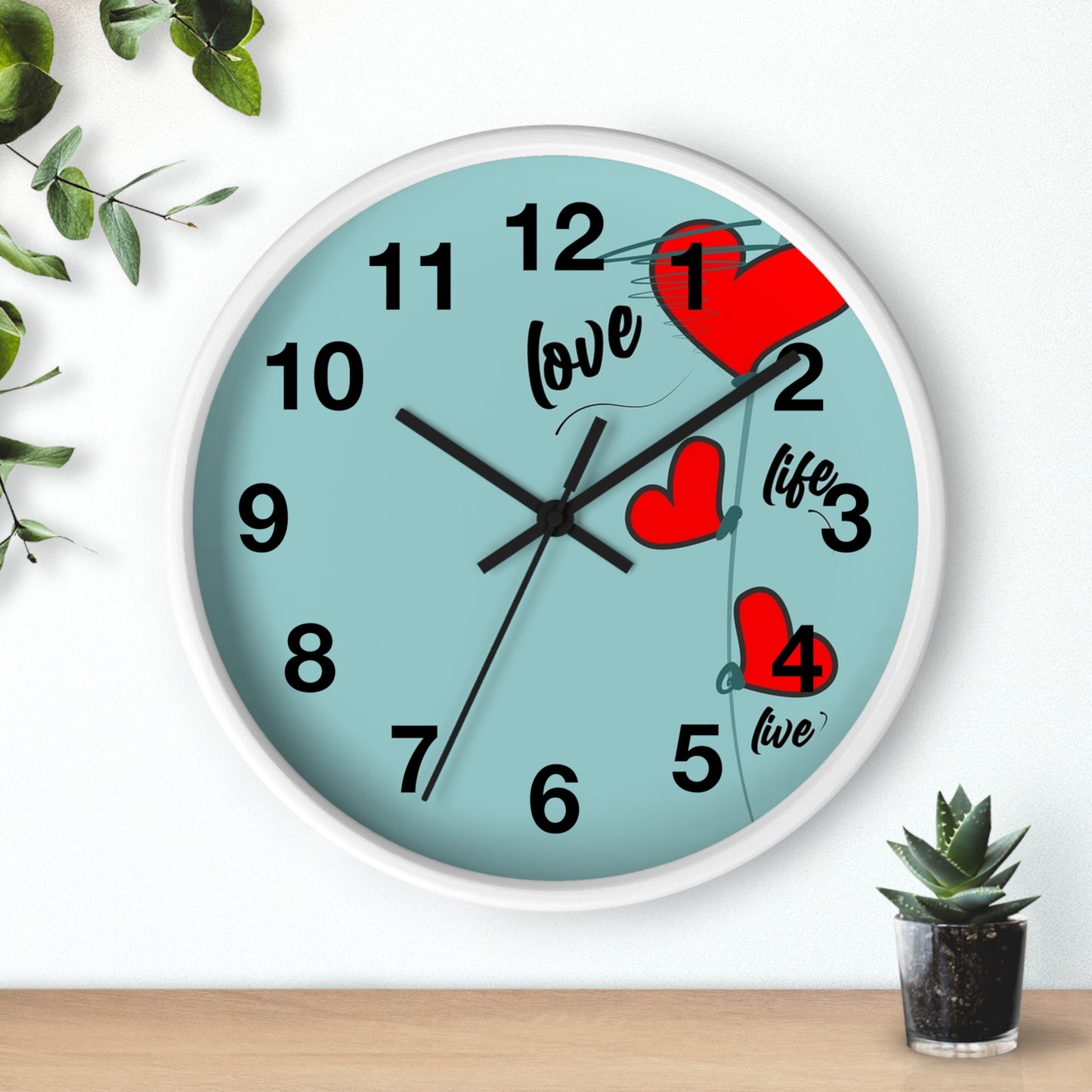 Love Hearts Wall Clock — Retro Teal Clock with Red Hearts & 'Love' Typography