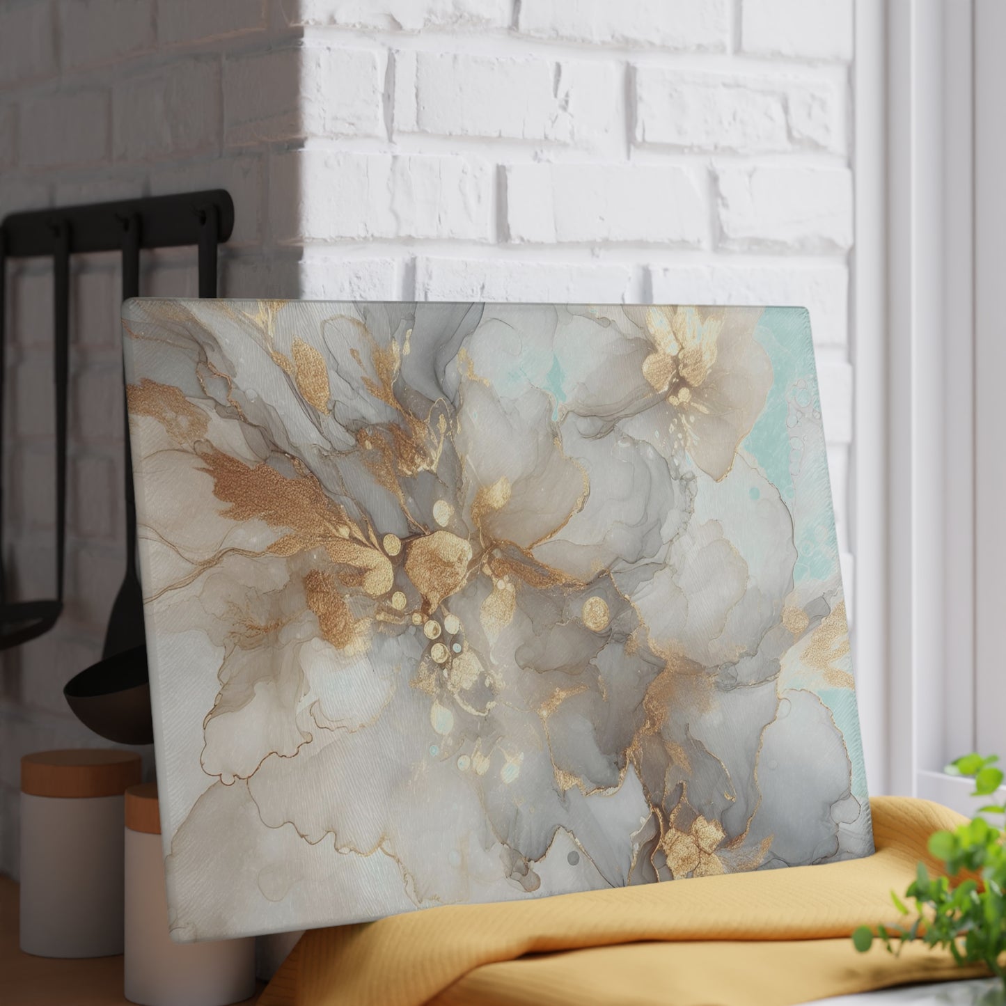 Glass Cutting Board - Elegant Gold & Mint Abstract Floral Tempered Glass Chopping Board
