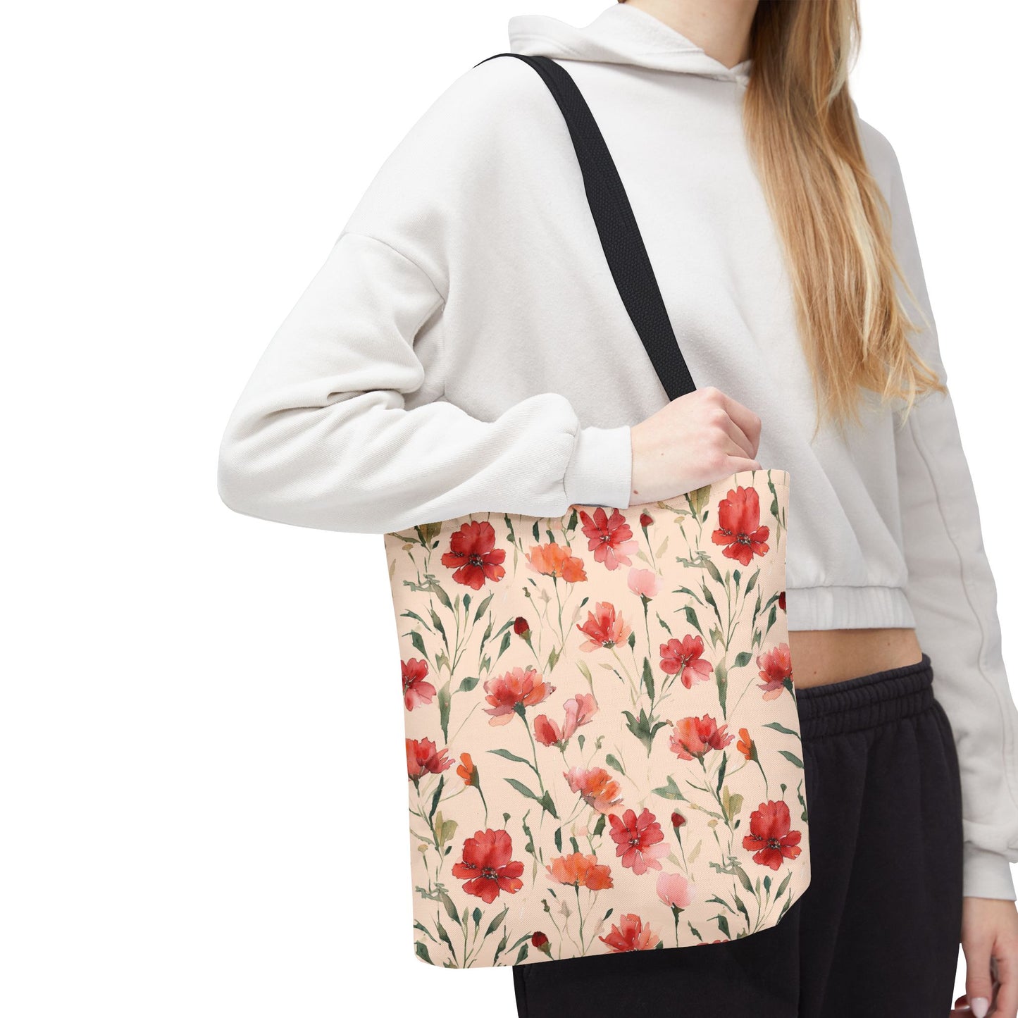 Floral Watercolor Tote Bag — Pink Red Poppy Pattern All-Over Print