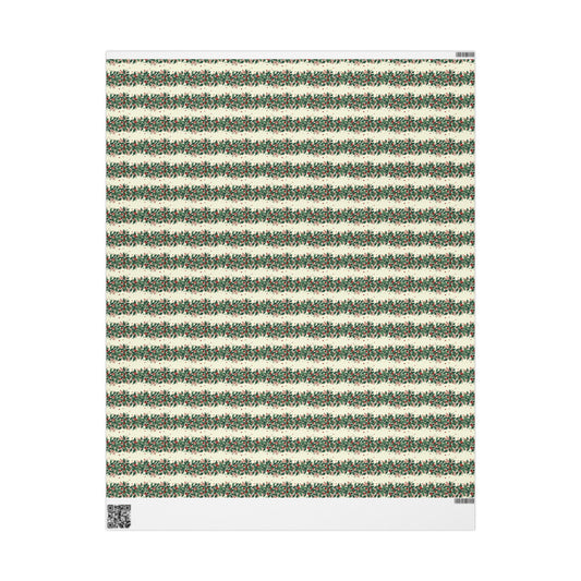 Holiday Pine Sprig Wrapping Paper Roll — Festive Green & Red Gift Wrap