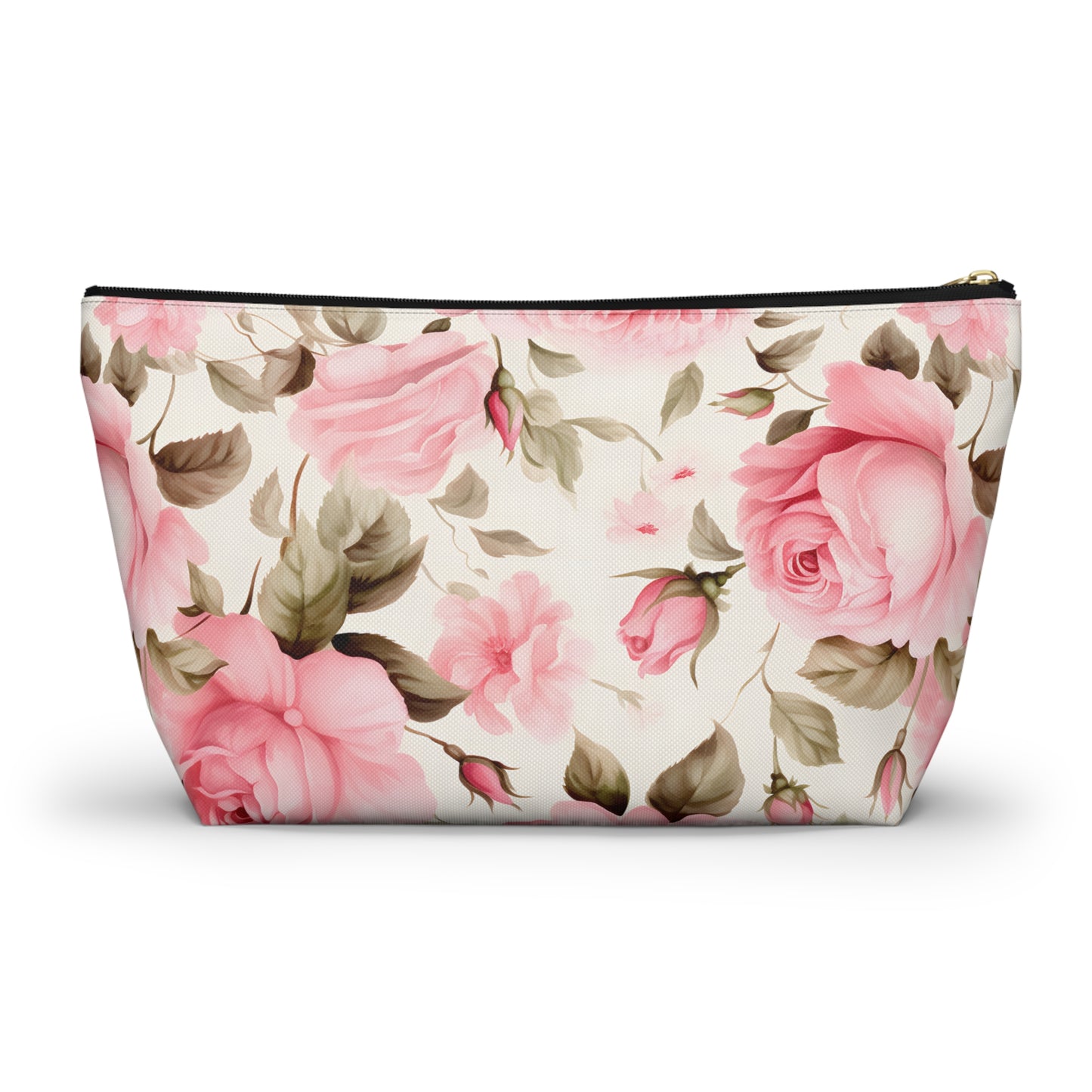 Floral Rose Accessory Pouch - Pink Vintage Cosmetic Bag with T-Bottom
