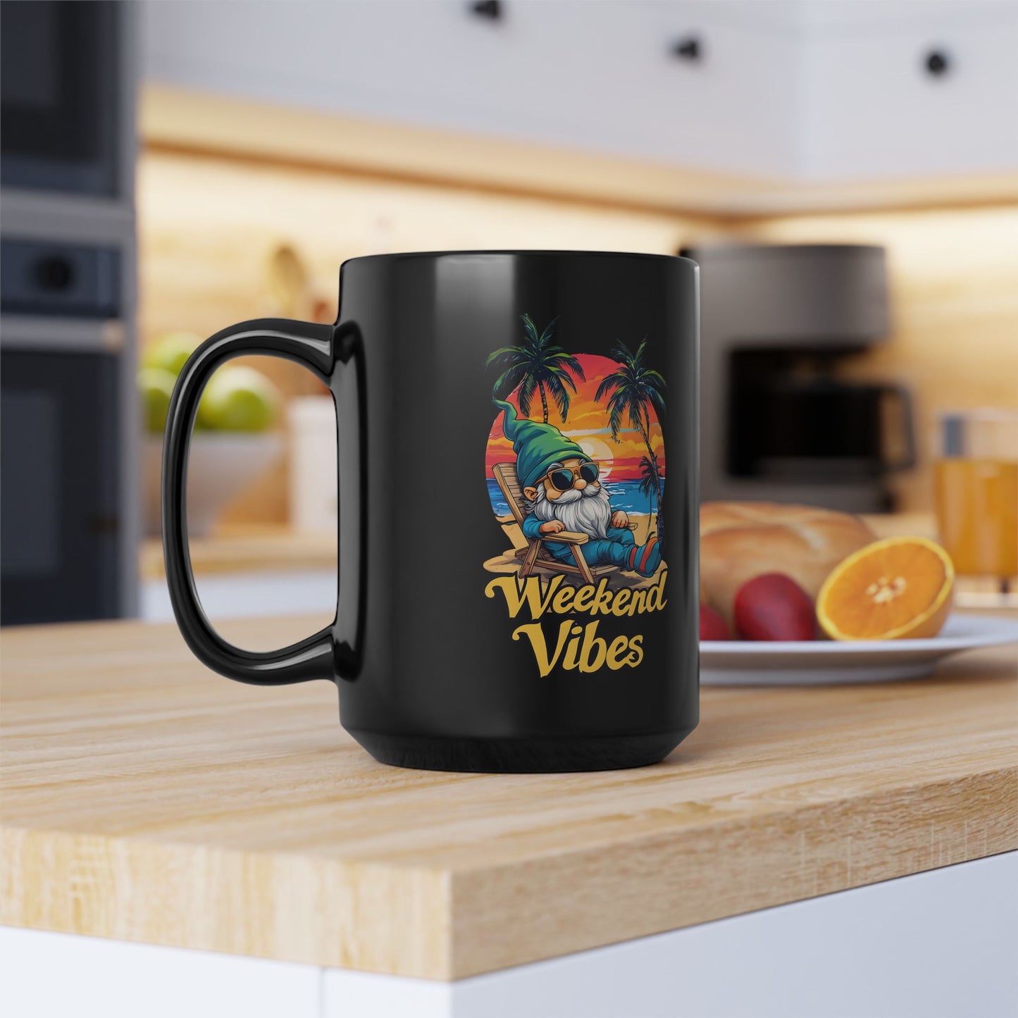 Weekend Vibes Mug — Tropical Sunset Gnome 15oz Black Coffee Cup