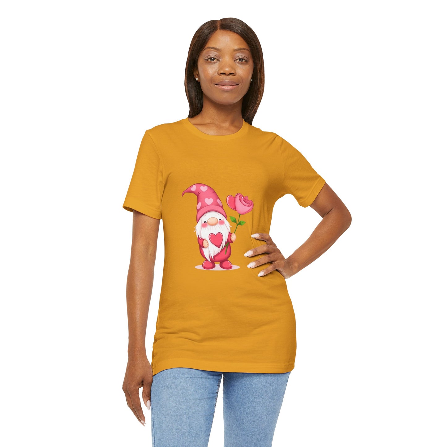 Valentine Gnome T‑Shirt — Cute Pink Gnome Holding Rose Tee