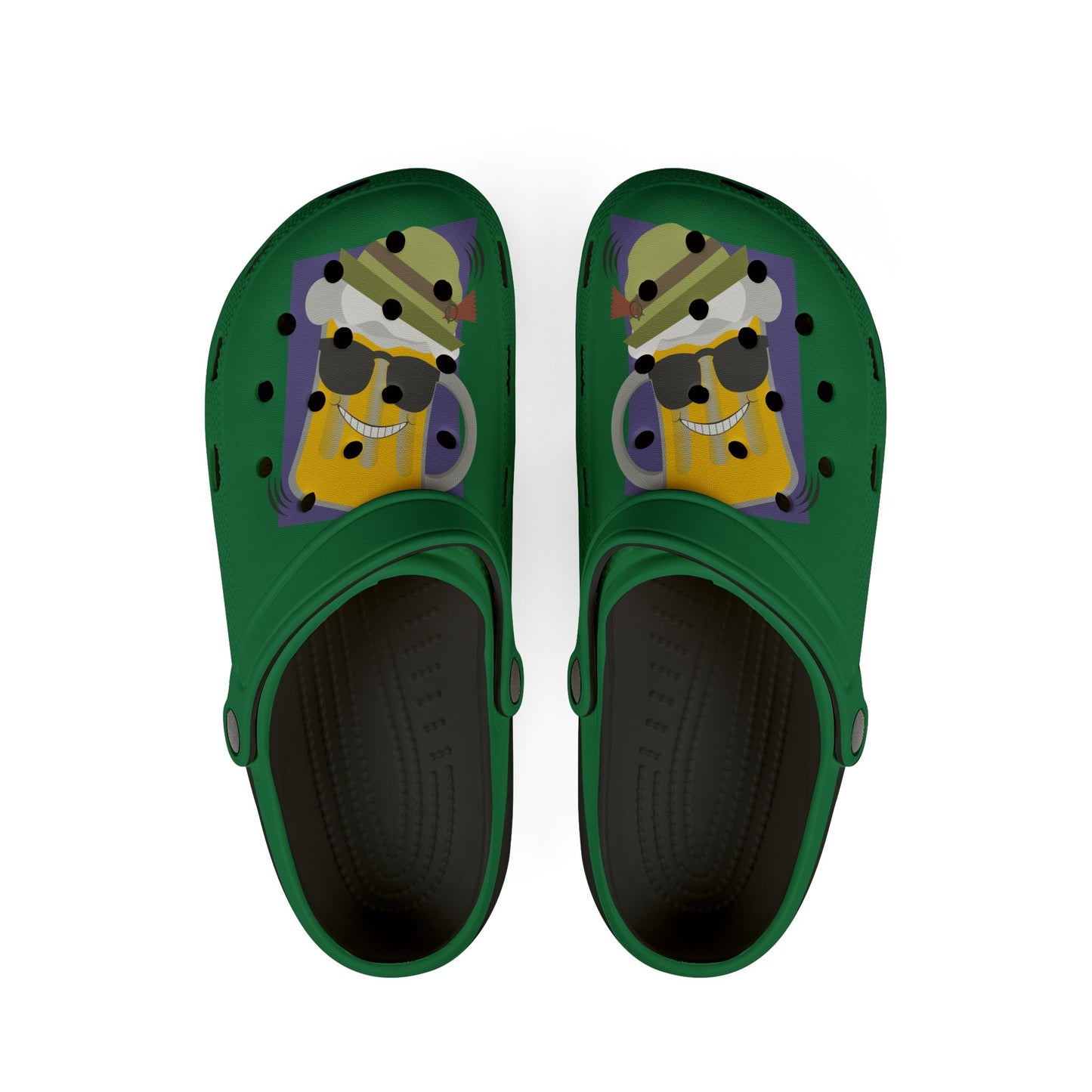 Green Foam Clogs with Cool Sunglasses Mug Graphic — Fun Casual Slip-On Shoes