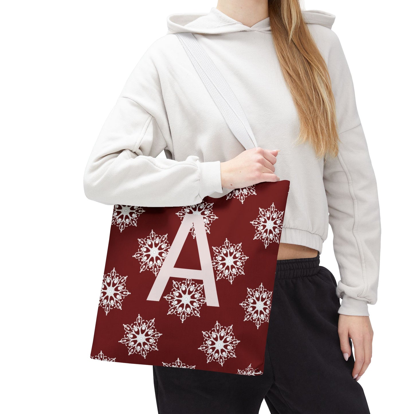Monogram A Snowflake Tote Bag — Personalized Holiday AOP Tote