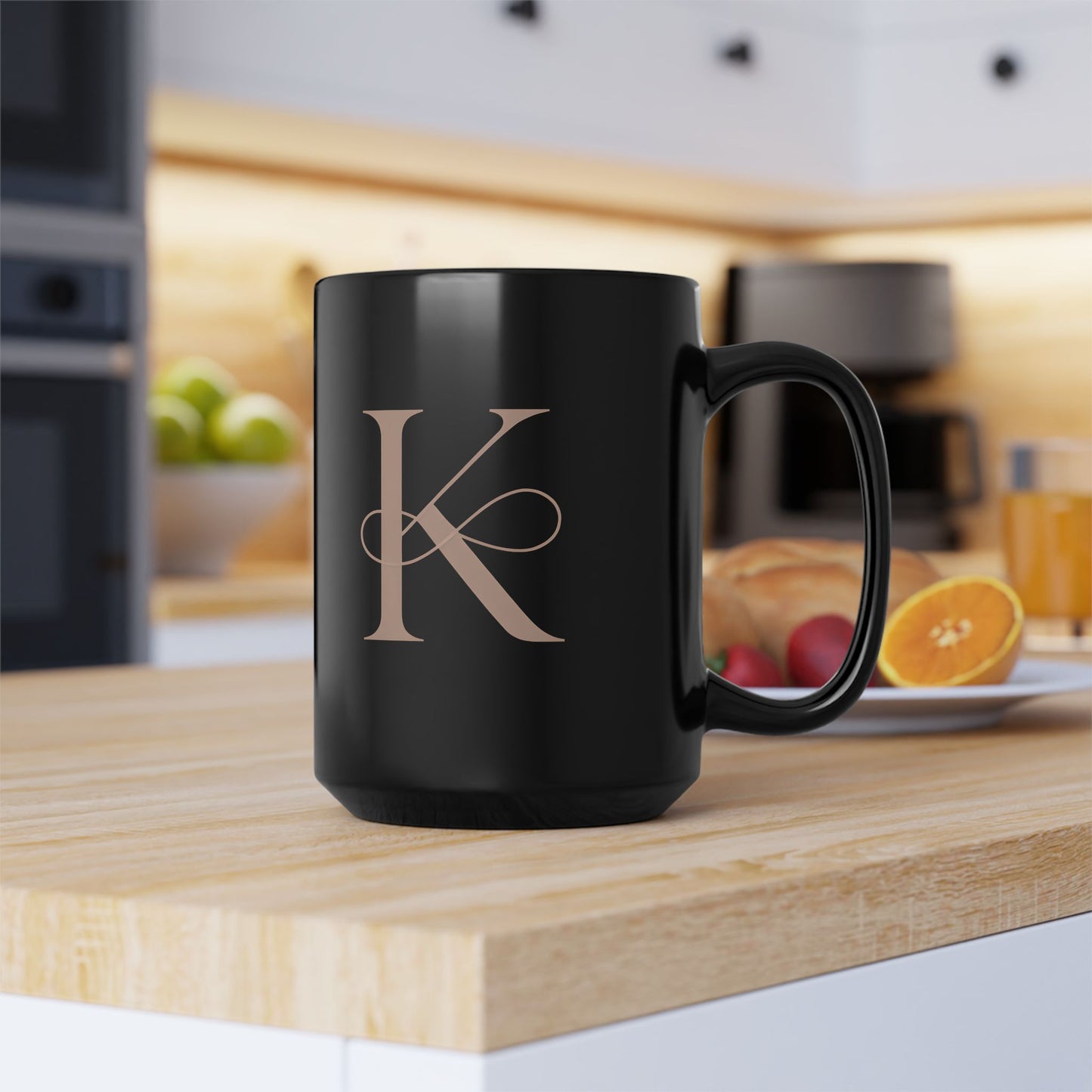 Monogram K Black Ceramic Mug – Elegant Rose Gold Initial Coffee Cup, 15oz
