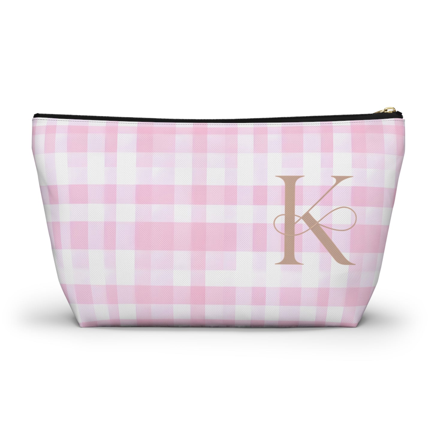 Personalized Pink Gingham Accessory Pouch, Makeup Bag - Letter K