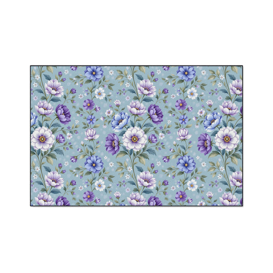 Floral Blue Heavy-Duty Floor Mat — Vintage Purple & Lavender Flower Doormat