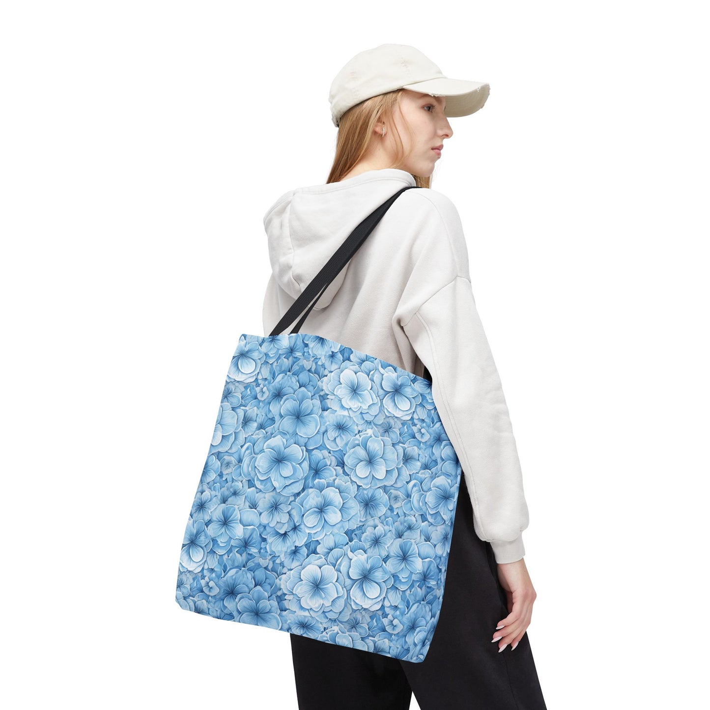 Blue Watercolor Floral Tote Bag — Reusable Flower Pattern Shopper