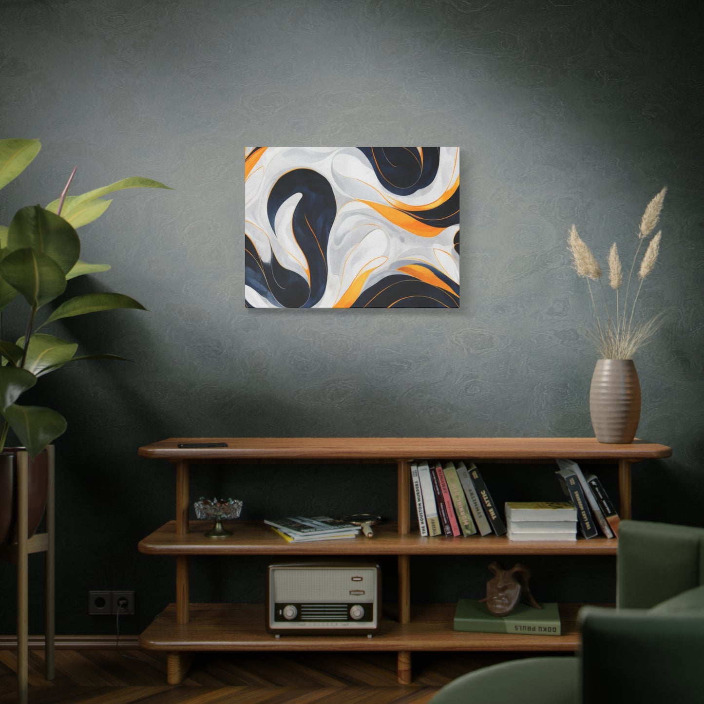 Abstract Fluid Art Matte Canvas Print — Navy, Gold & White Stretched Wall Art