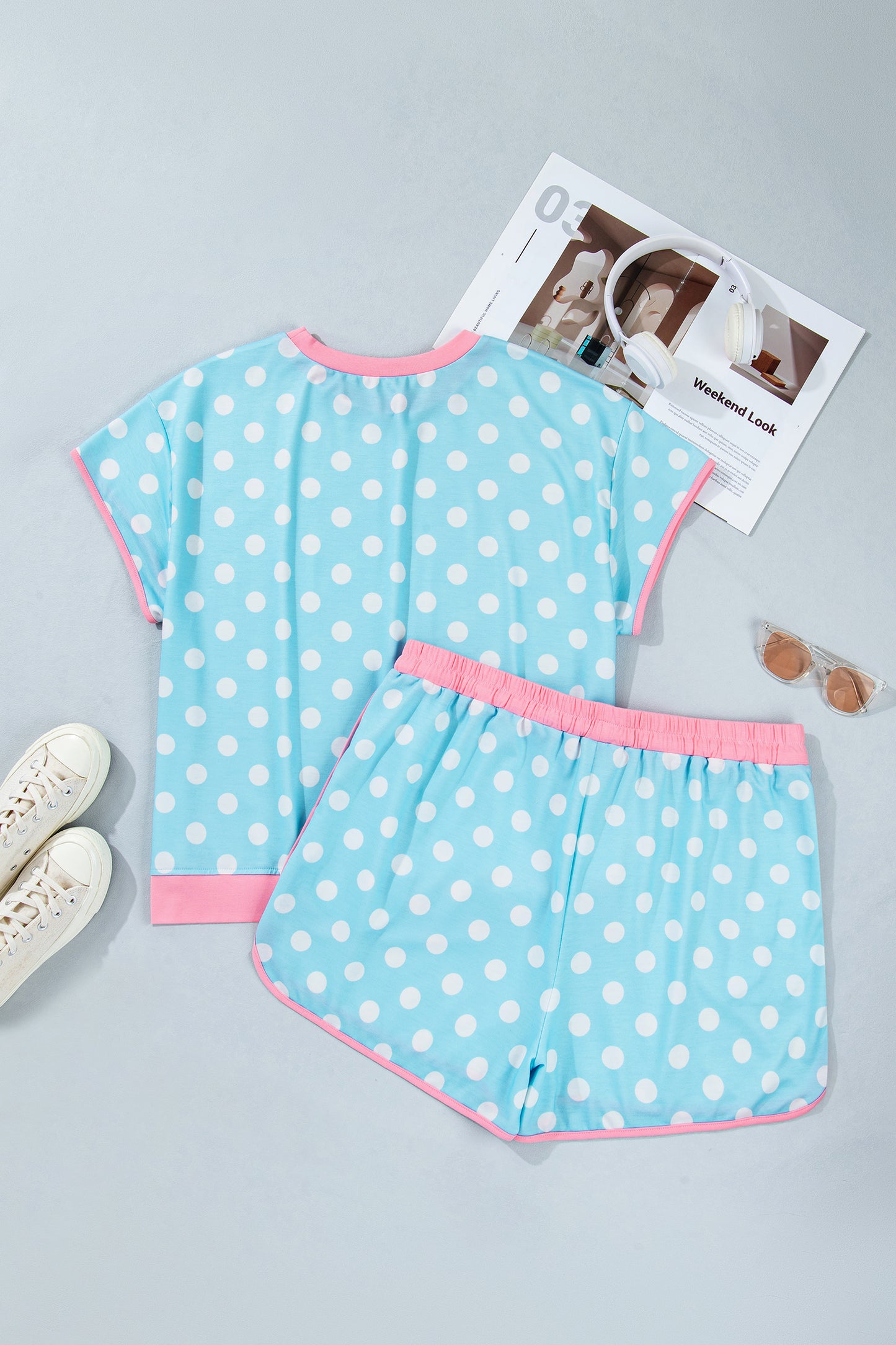 Sky Blue Polka Dot Print Color Block Trim Plus Size 2pcs Short Set
