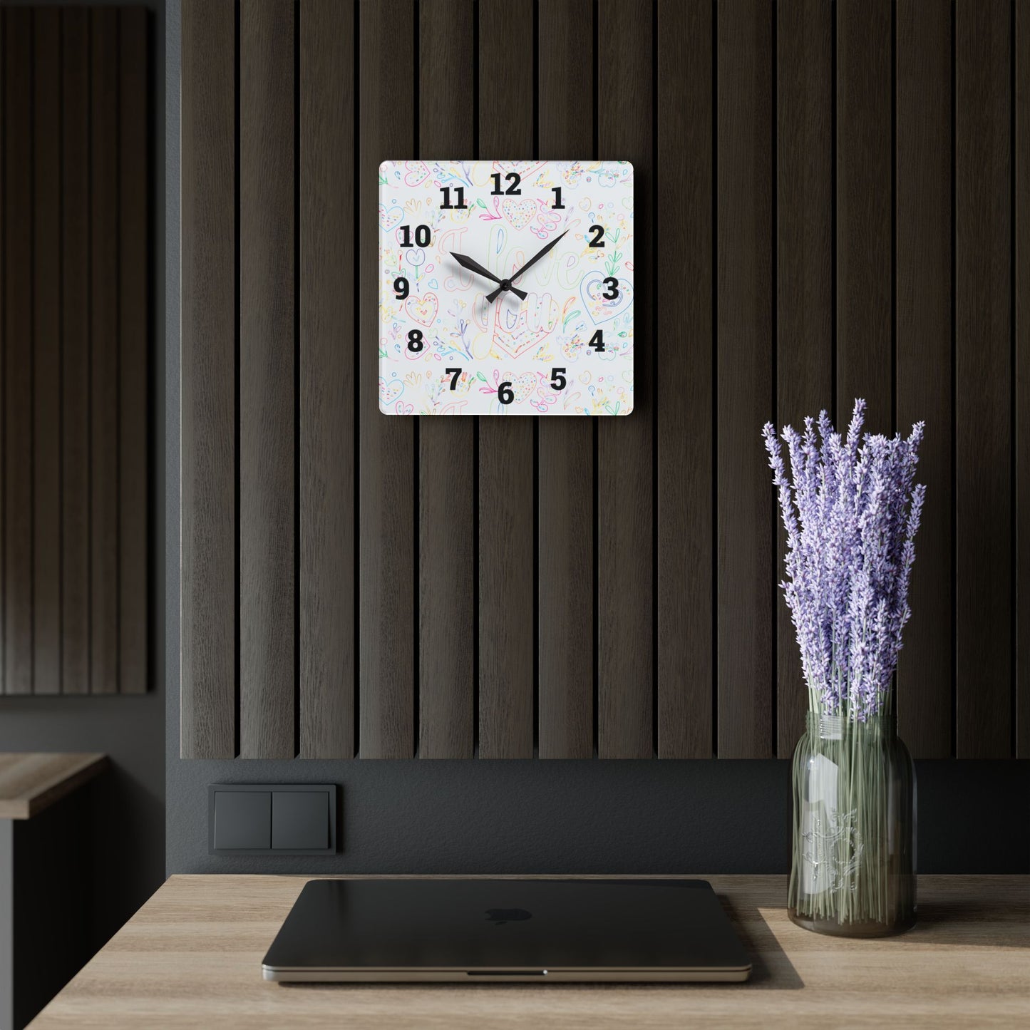 Whimsical Acrylic Wall Clock - Love You Decor, Heart Design, Gift for Her,