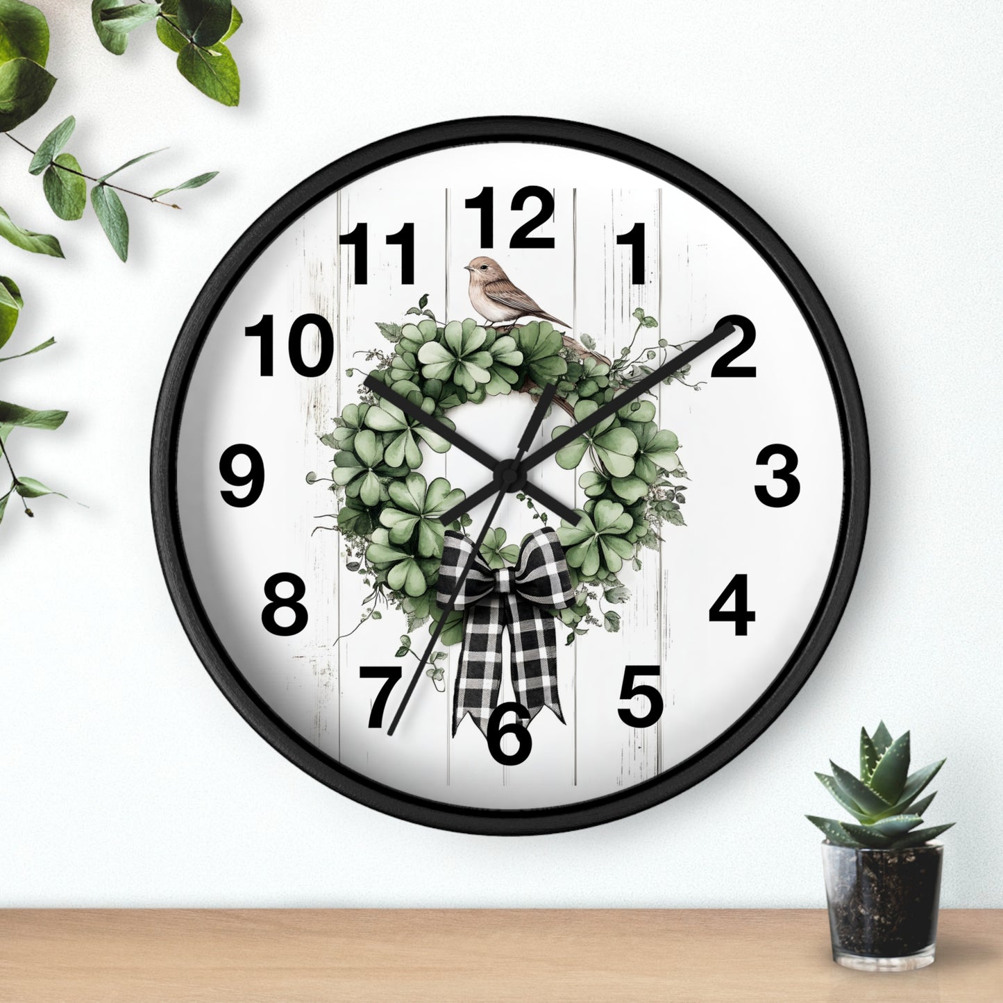 Charming Wreath Wall Clock | Rustic Decor, Bird Lover Gift, Spring Theme, Home Accent, Clovers & Bow