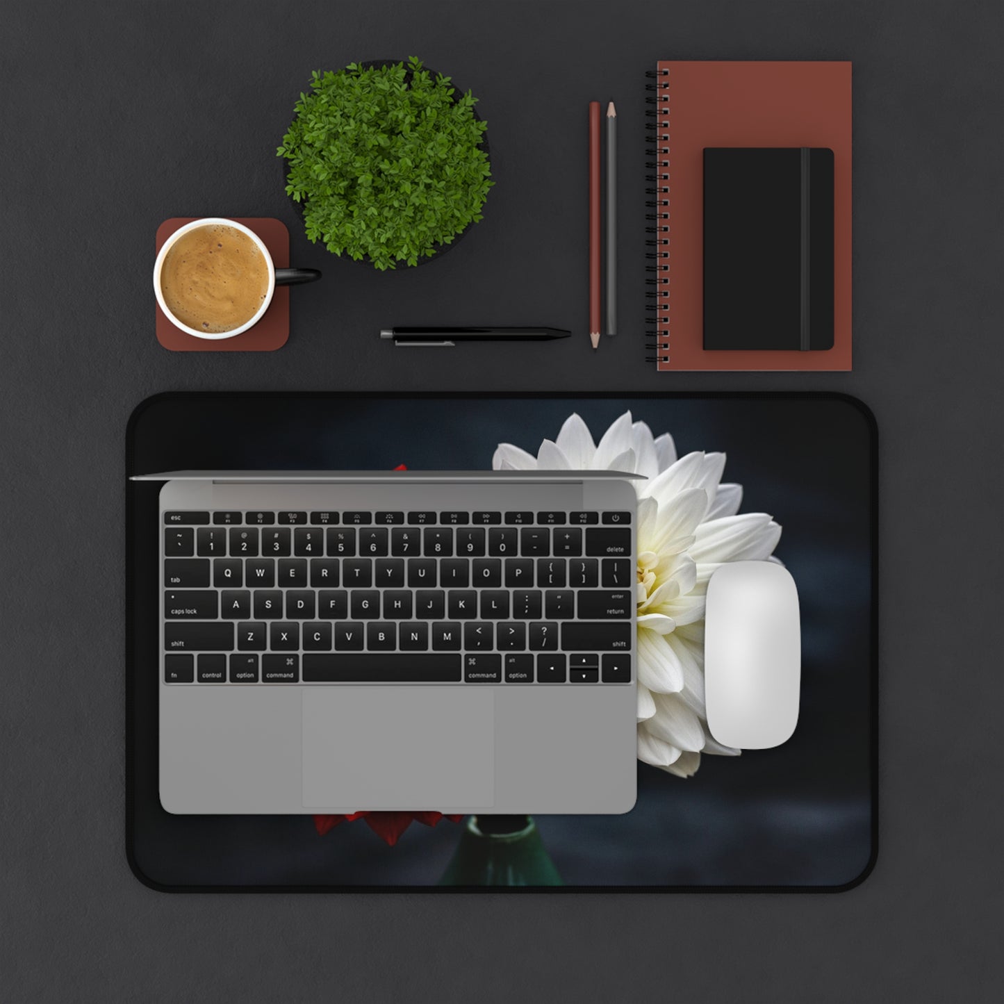 Dahlia Duo Desk Mat — Red & White Floral Mouse Pad