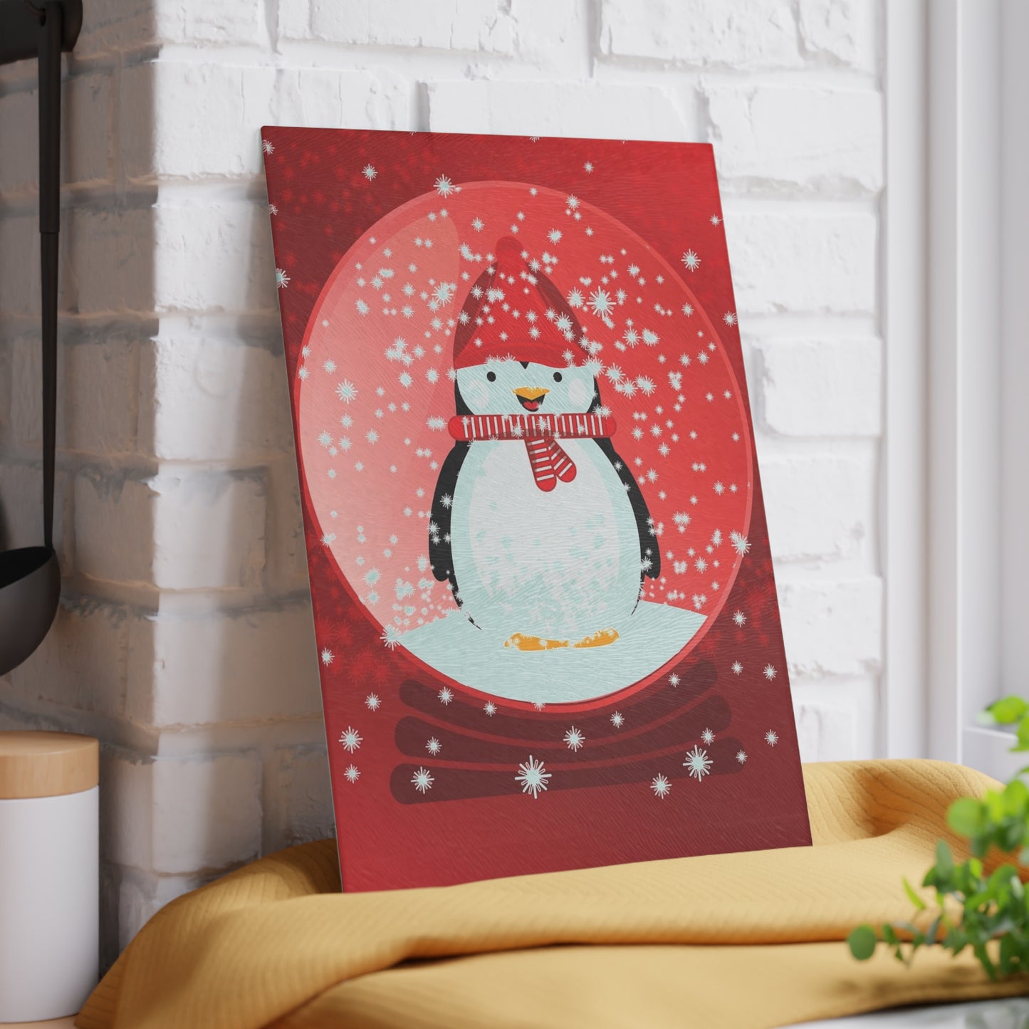 Holiday Penguin Glass Cutting Board – Festive Snow Globe Kitchen Decor