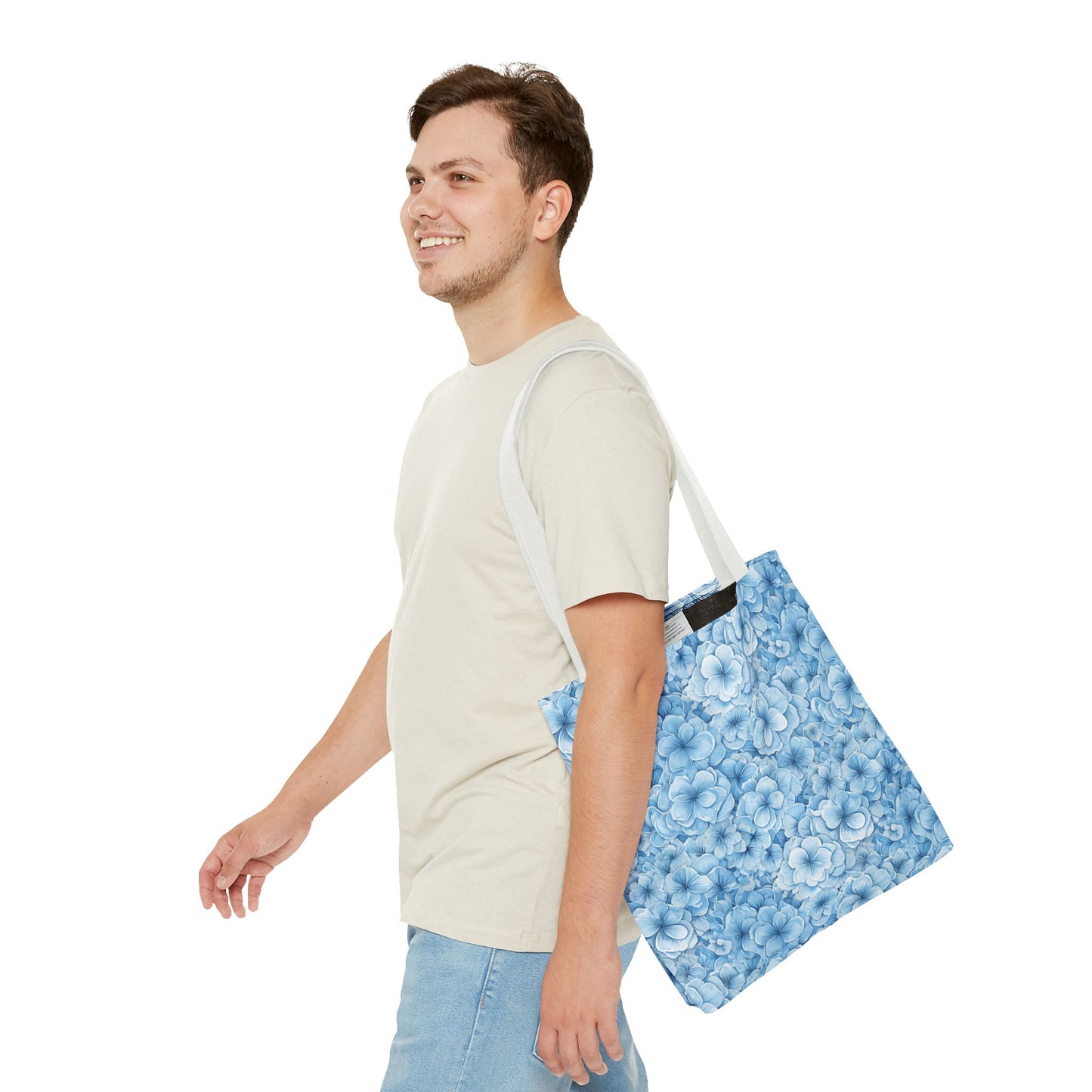 Blue Watercolor Floral Tote Bag — Reusable Flower Pattern Shopper