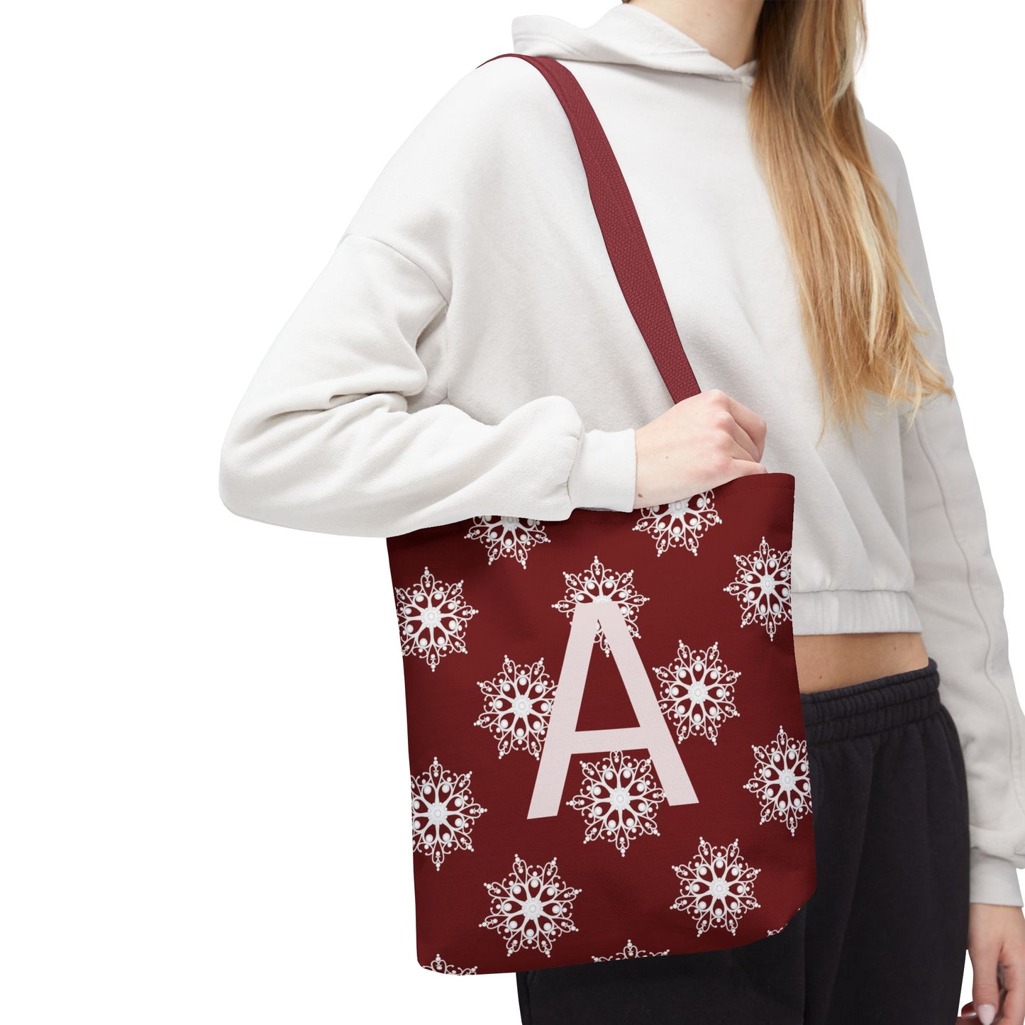 Monogram A Snowflake Tote Bag — Personalized Holiday AOP Tote