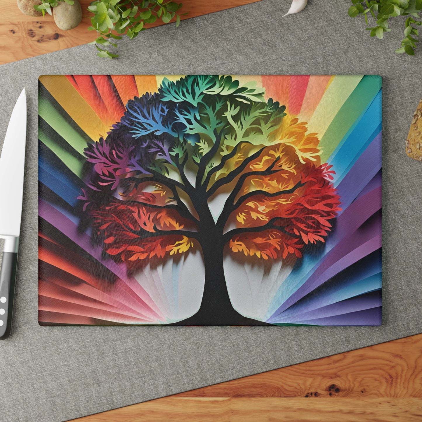 Vibrant Tree Glass Cutting Board, Colorful Kitchen Decor, Unique Wedding Gift, Housewarming Essential, Eco-Friendly Home Item