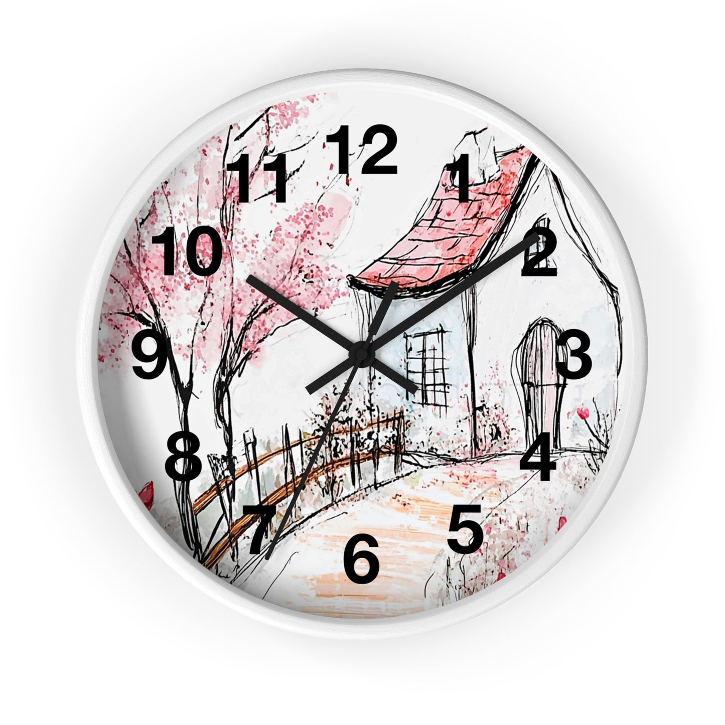Cottage Garden Wall Clock — Hand-Drawn Pink Blossom Scene