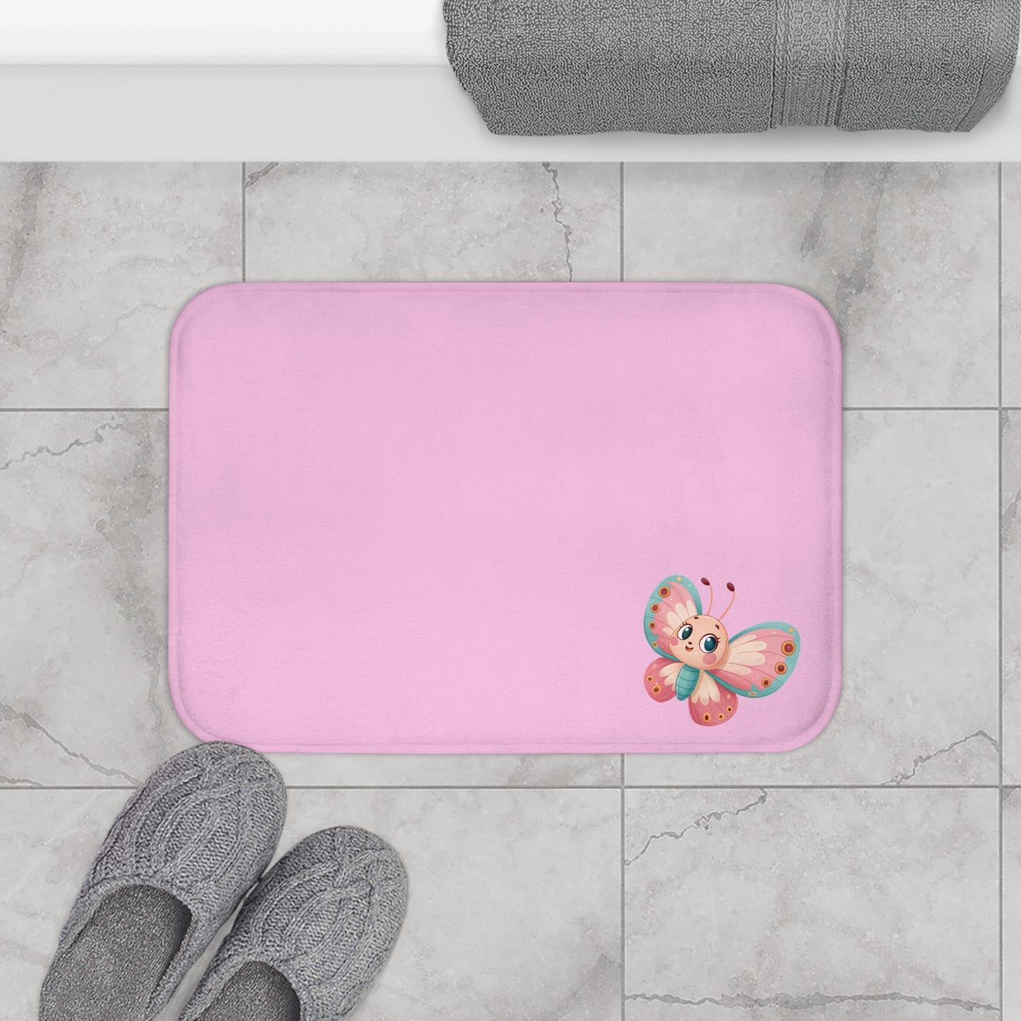 Cute Butterfly Pink Bath Mat | Soft Bathroom Rug for Kids, Bathroom Decor, Nursery Mat, Gift for New Parents