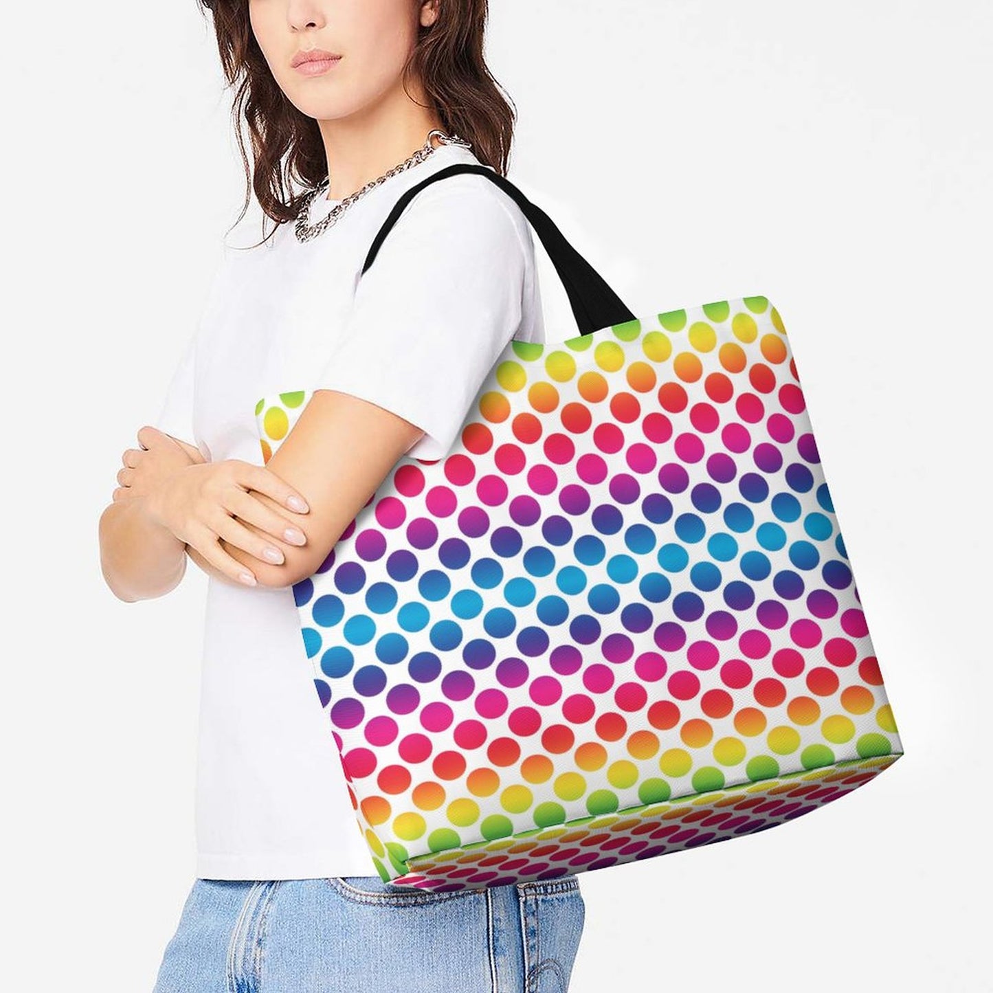 Large One Shoulder Shopping Bag Rainbow Dots