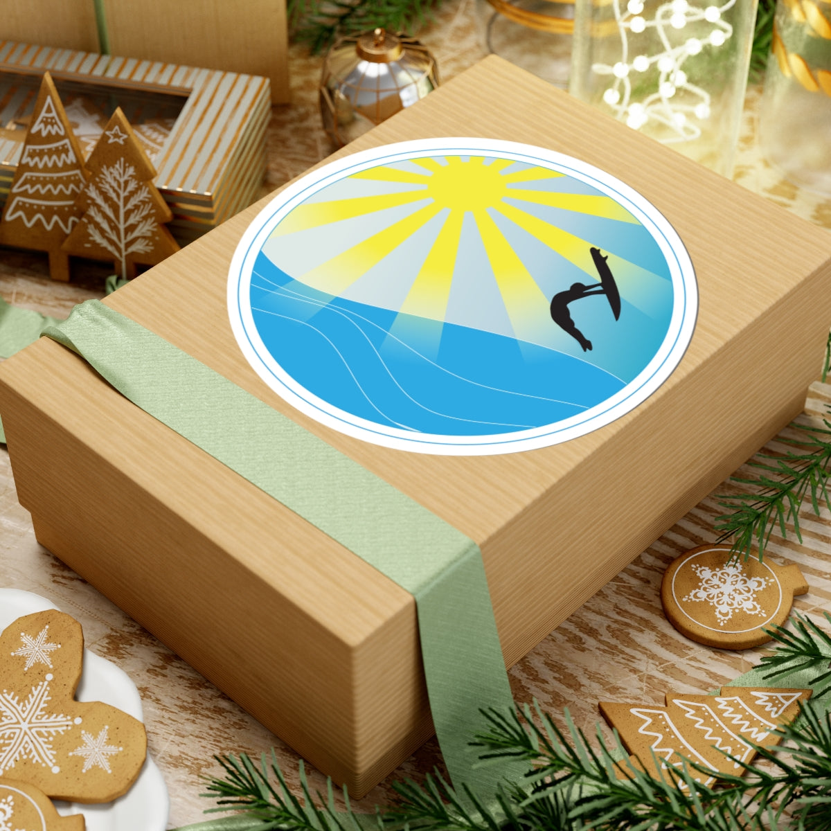 Surfer Sunset Kiss-Cut Sticker — Sun, Waves & Silhouette Vinyl Decal