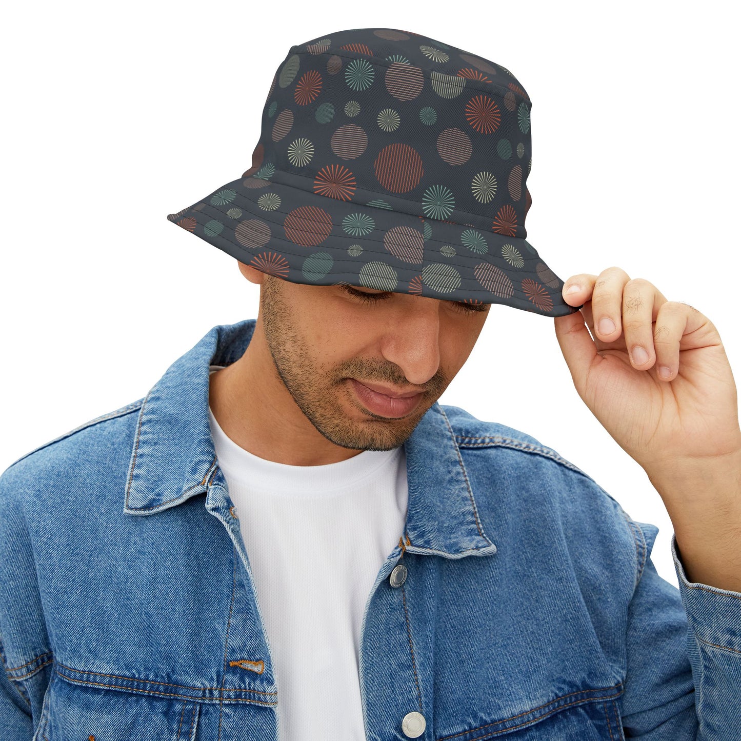 Bucket Hat — Dark Confetti Dot Pattern, Stylish Sun & Festival Accessory