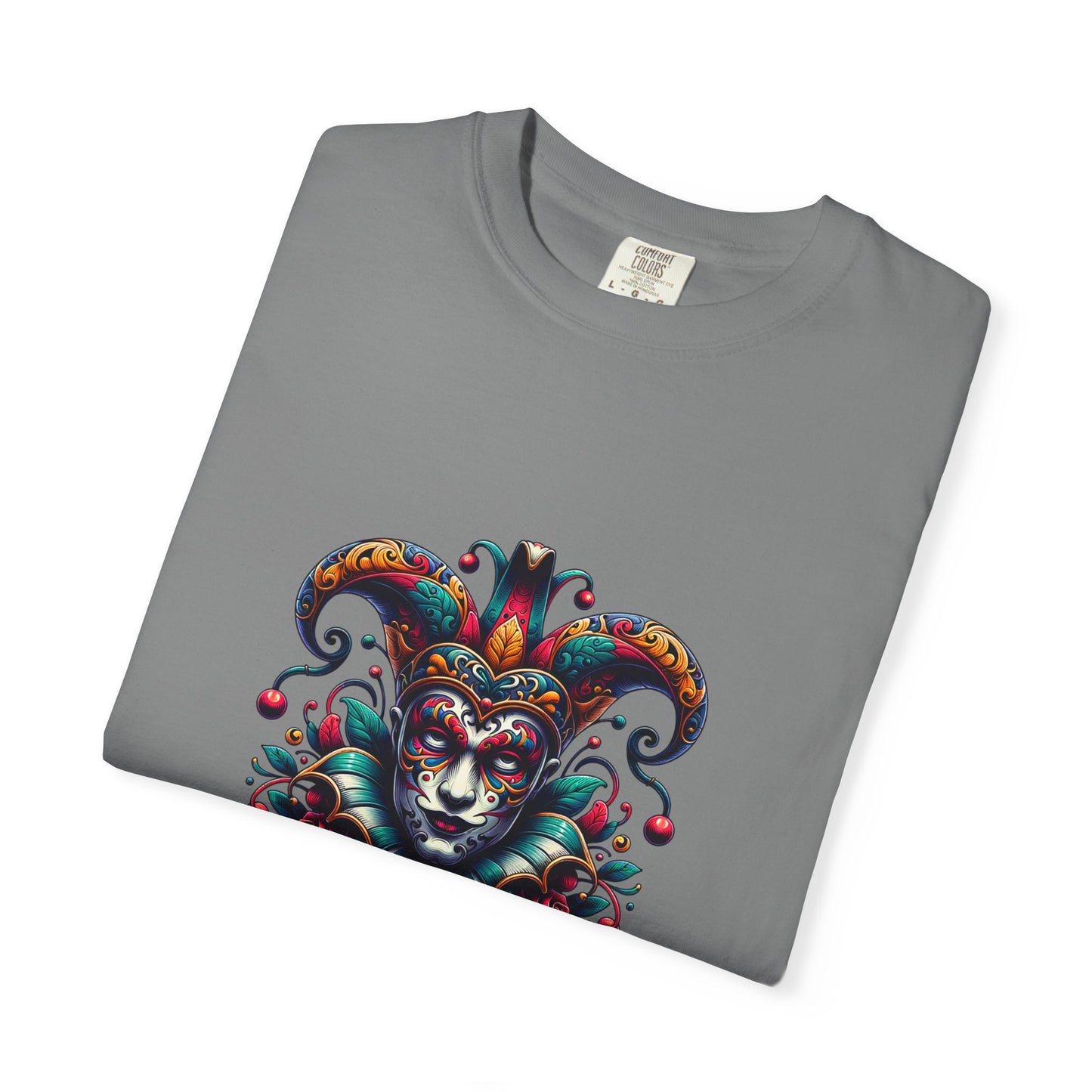 Vibrant Unisex Garment-Dyed T-shirt Featuring Colorful Jester Design, Festival Fashion