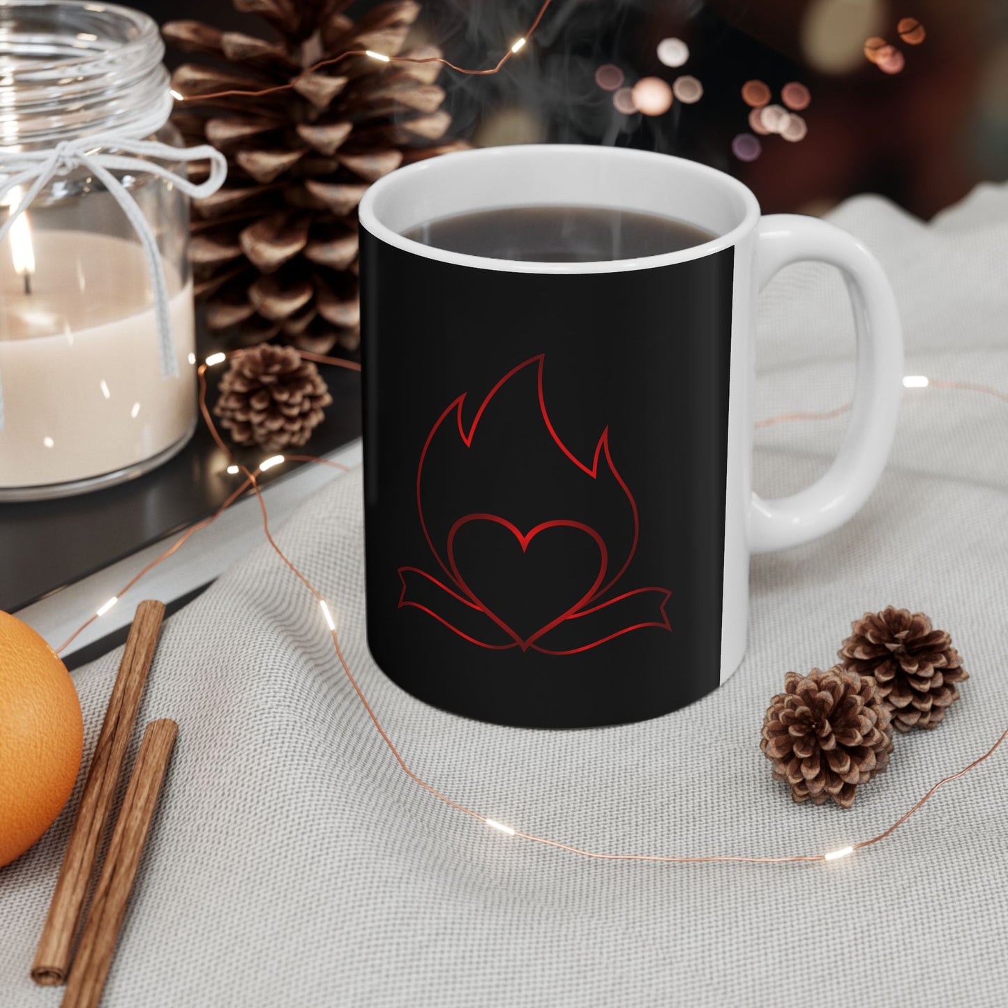Black Cat Outline Ceramic Mug – Minimal Red Cat Design, 11oz & 15oz