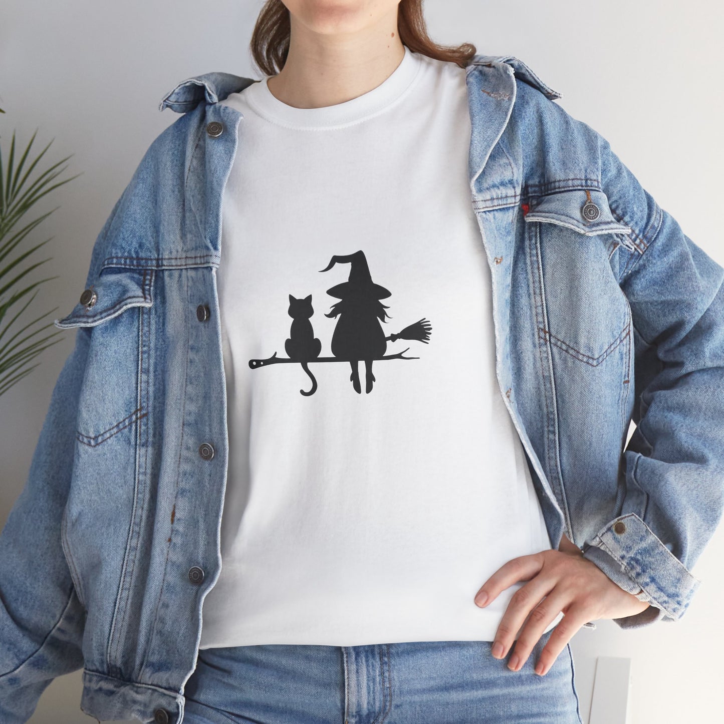 Witch and Cat Tee | Spooky Unisex Shirt for Halloween | Cute Witchwear for Cat Lovers | Fall Wardrobe Essential | Gift for Magical Friends