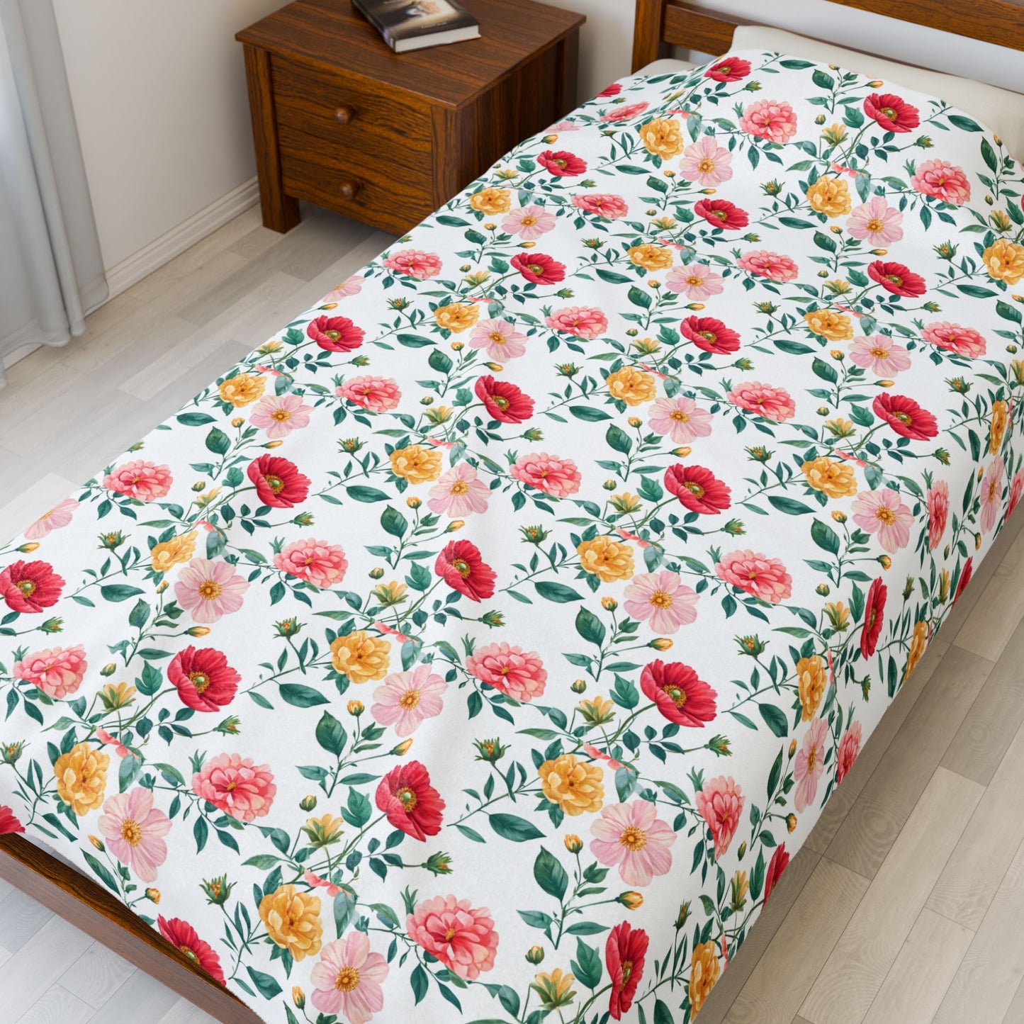 Floral Velveteen Plush Blanket — Pink & Yellow Rose Pattern