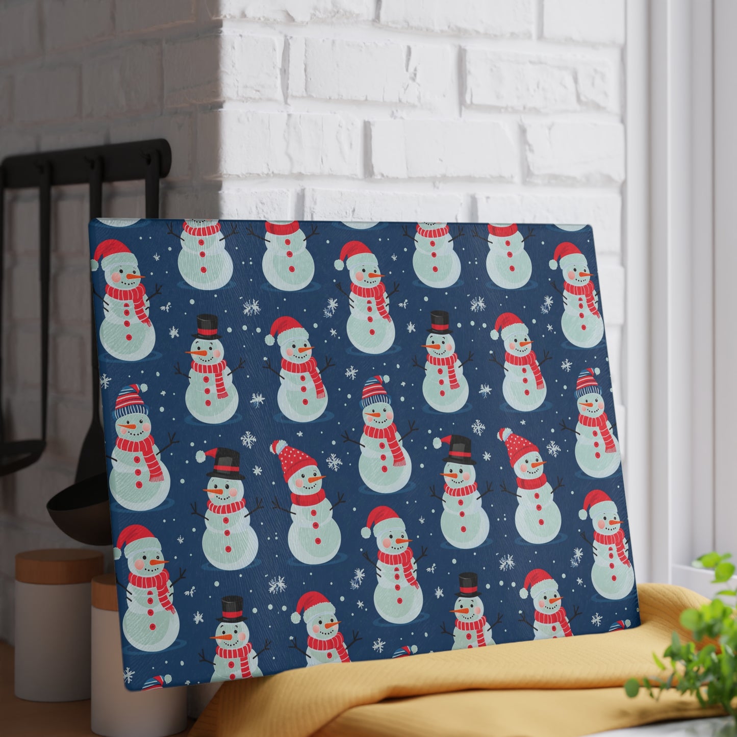 Snowman Pattern Glass Cutting Board — Festive Holiday Kitchen Decor