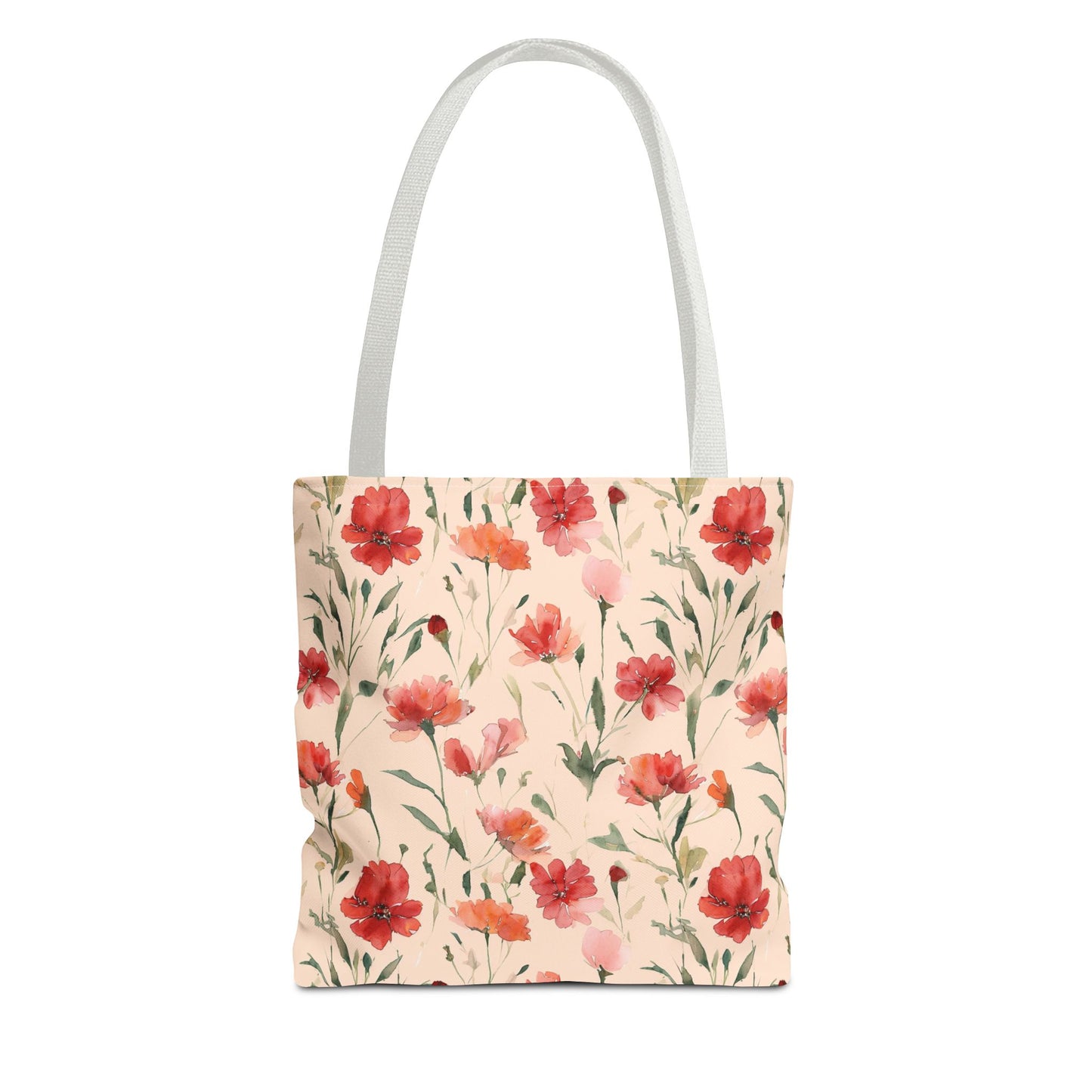 Floral Watercolor Tote Bag — Pink Red Poppy Pattern All-Over Print