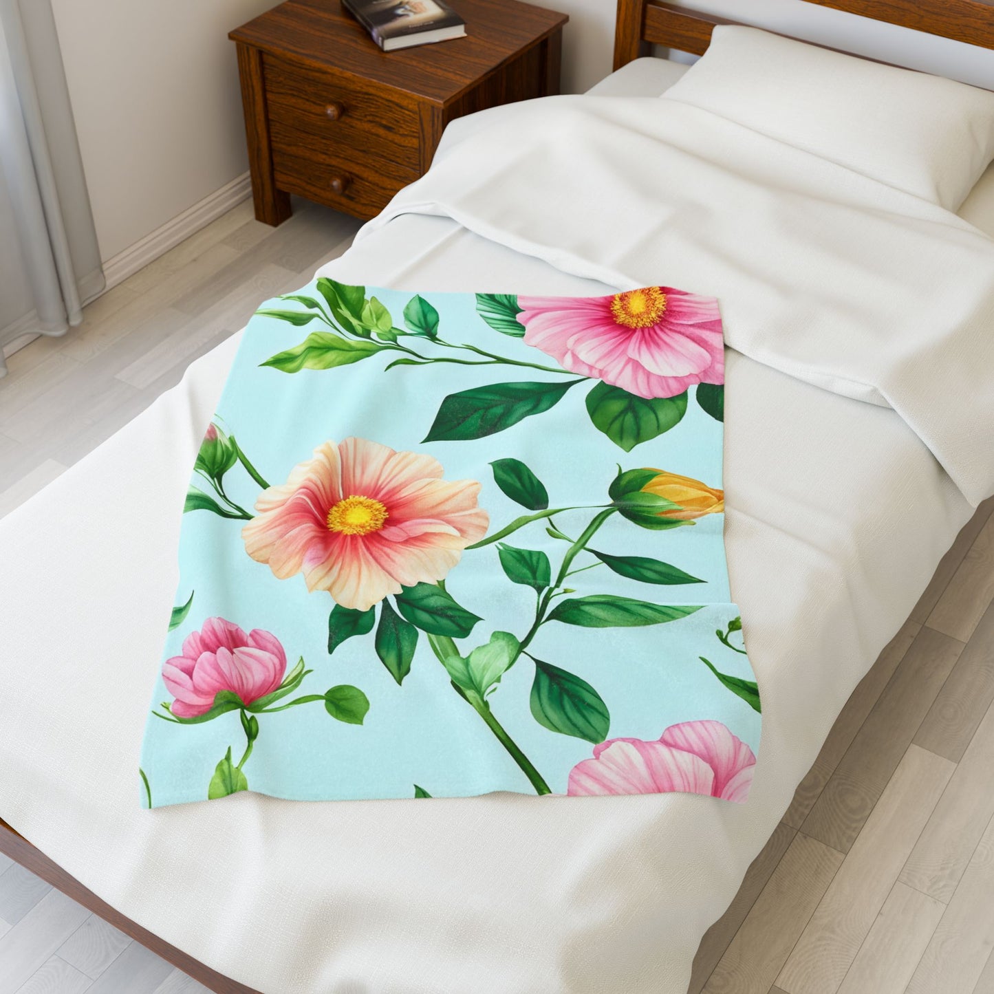 Floral Velveteen Plush Blanket — Pastel Pink & Mint Flower Throw